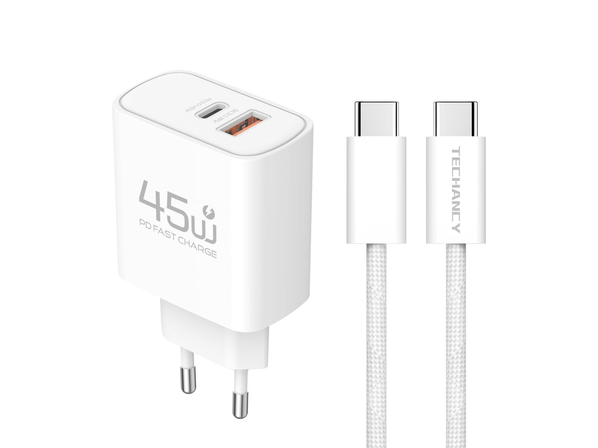 Carregador USB-C 45W TECHANCY TM02128, PD 3.0 PPS, USB-A QC 3.0, Carregamento Rapido, com Cabo USB-C para USB-C 60W de 1 m