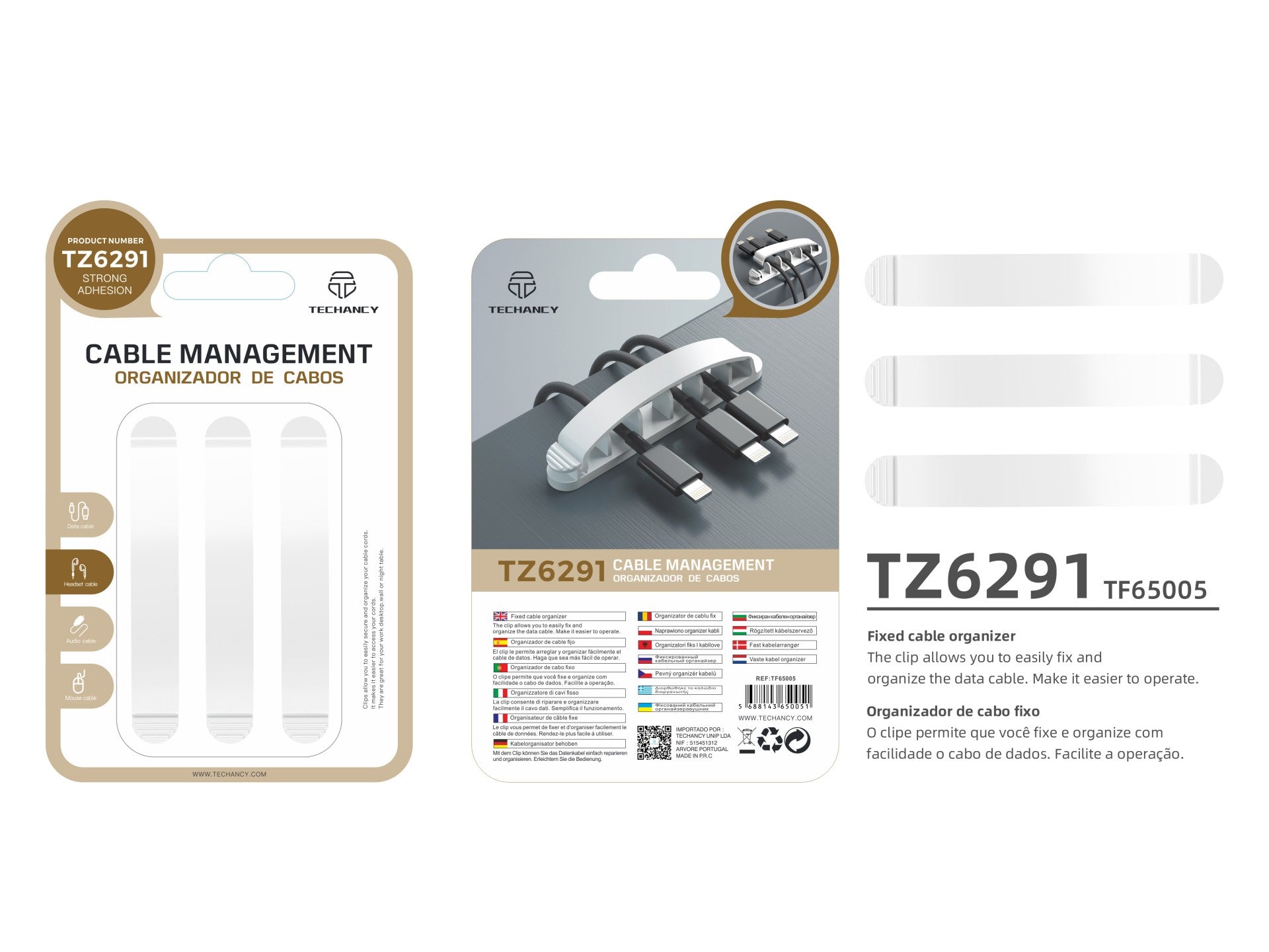 Portacables Techancy, TZ6291, paquete de 3, fácil de abrir y cerrar para guardar cables, blanco.