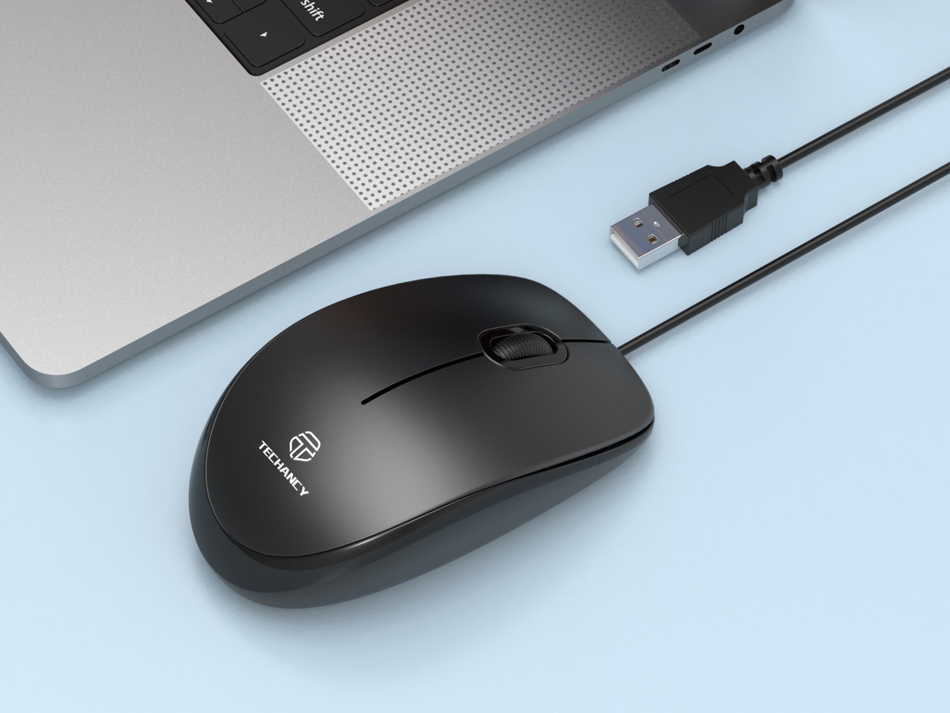 Ratón USB con cable Techancy negro TJ6109, 1,35 M Plug and Play, 1000 dpi, diseño ergonómico de rueda de desplazamiento antideslizante.