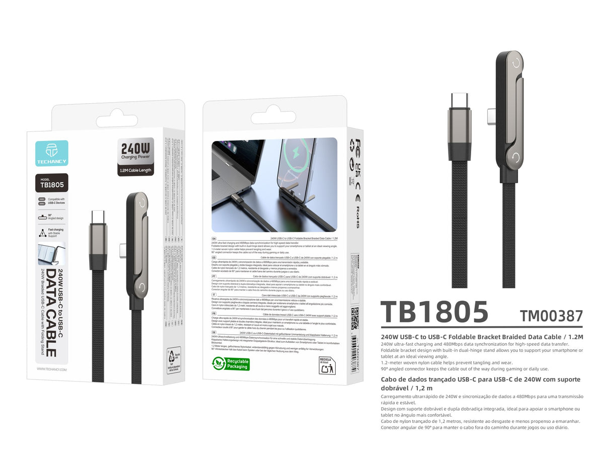 Cabo USB-C para USB-C 240W TECHANCY TB1805, 1,2 m, Suporte Dobravel, Nylon Entrancado, Ficha 90°, Dados 480 Mbps