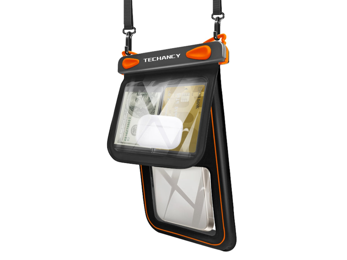 Bolsa Impermeavel para Telemovel Techancy TU7455, Bolso Duplo, 8.5 Polegadas, IPX8, Ate 10m, Ecra Tatil, Preto e Laranja