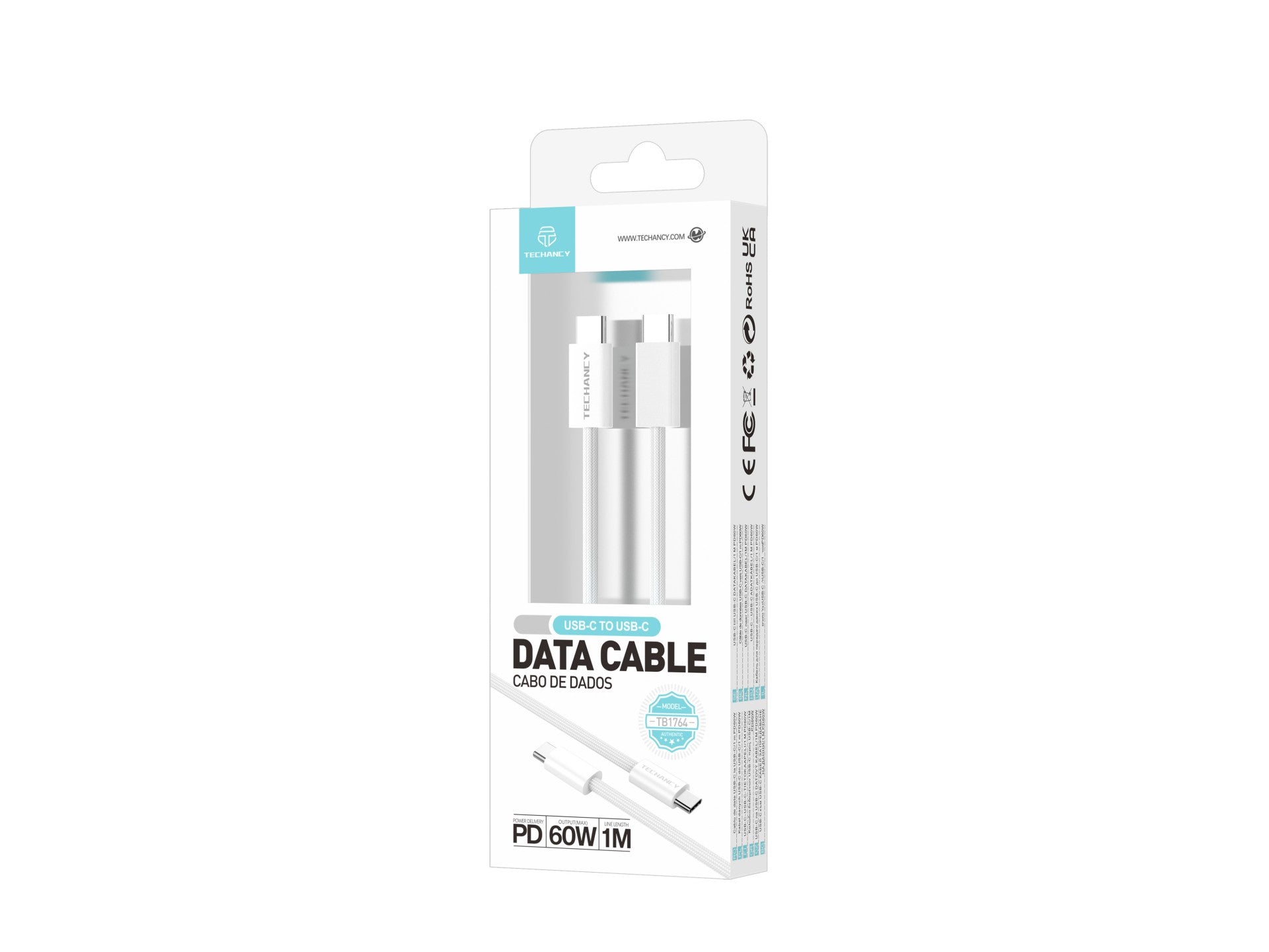 Techancy Cabo USB-C para USB-C TB4764 1M PD 60W, Trancado, Carga Rapida, Compativel com Telemoveis e Portateis, Branco