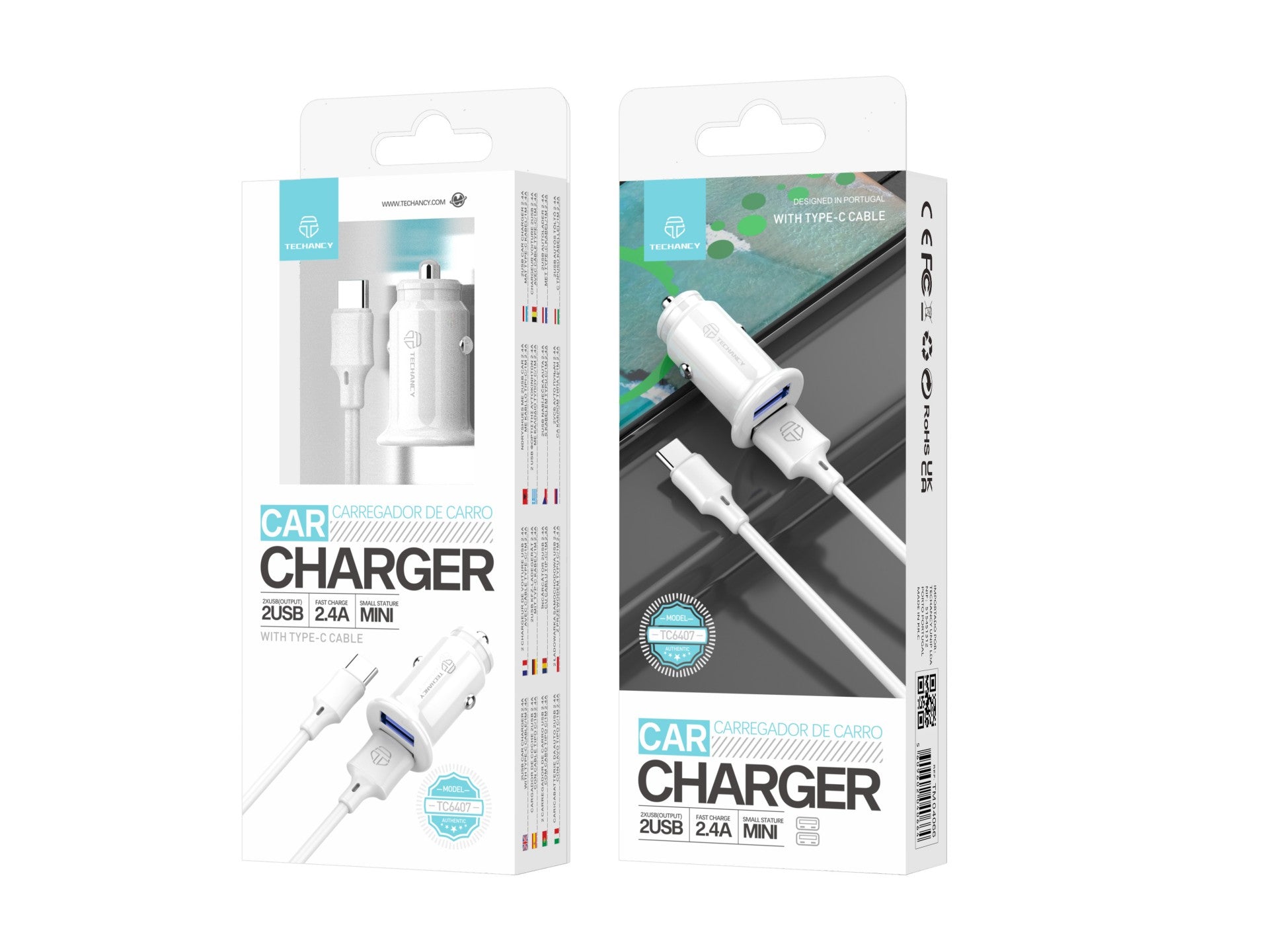 Cargador de coche Techancy TC6407, 2 puertos USB de 2,4 A, cable de datos USB tipo C de 1 m, color blanco