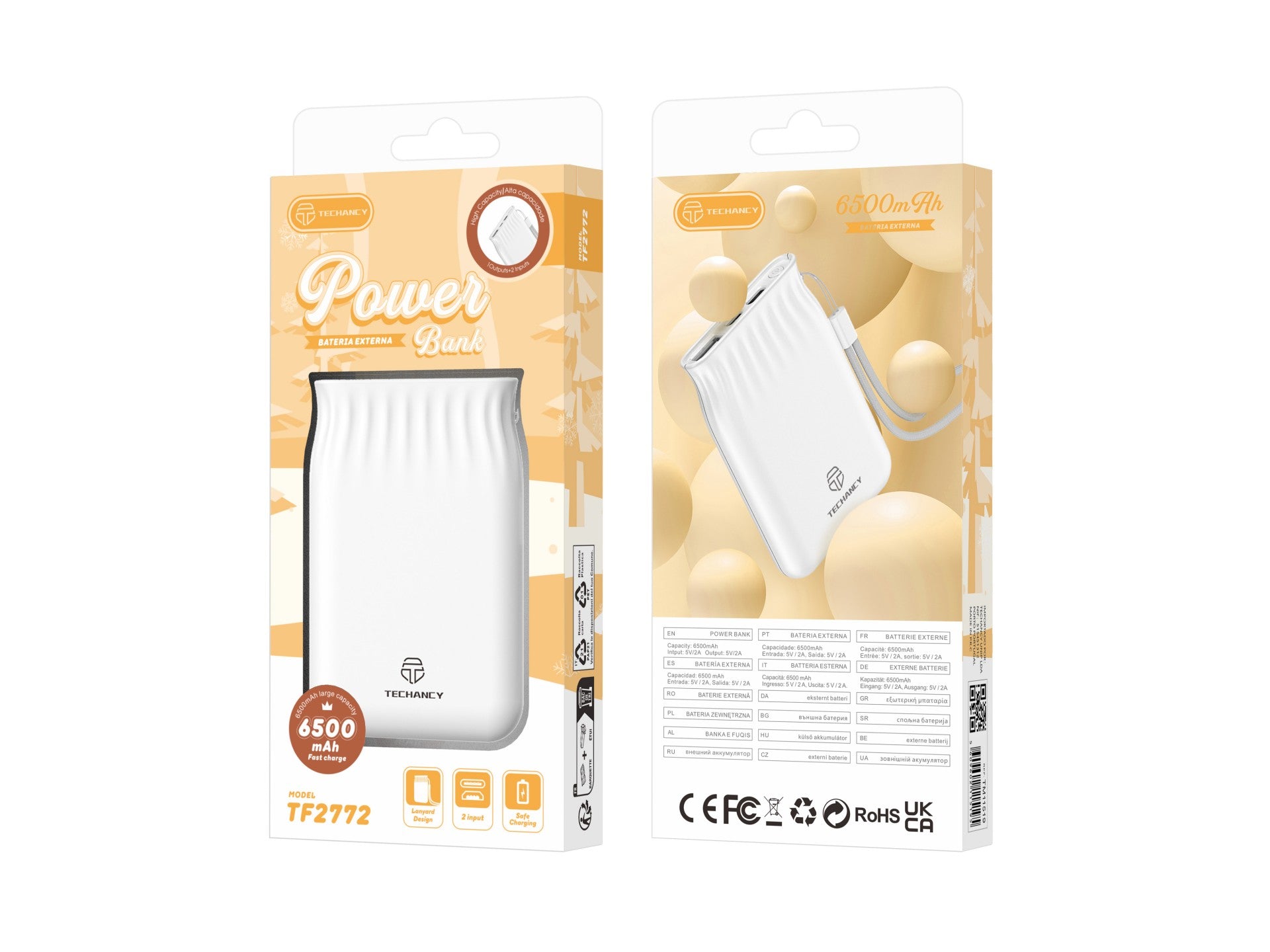 Banco de energía Techancy de 6500 mAh, blanco TF2772, compatible con carga de teléfono móvil/tableta de 2 A, fuente de alimentación portátil
