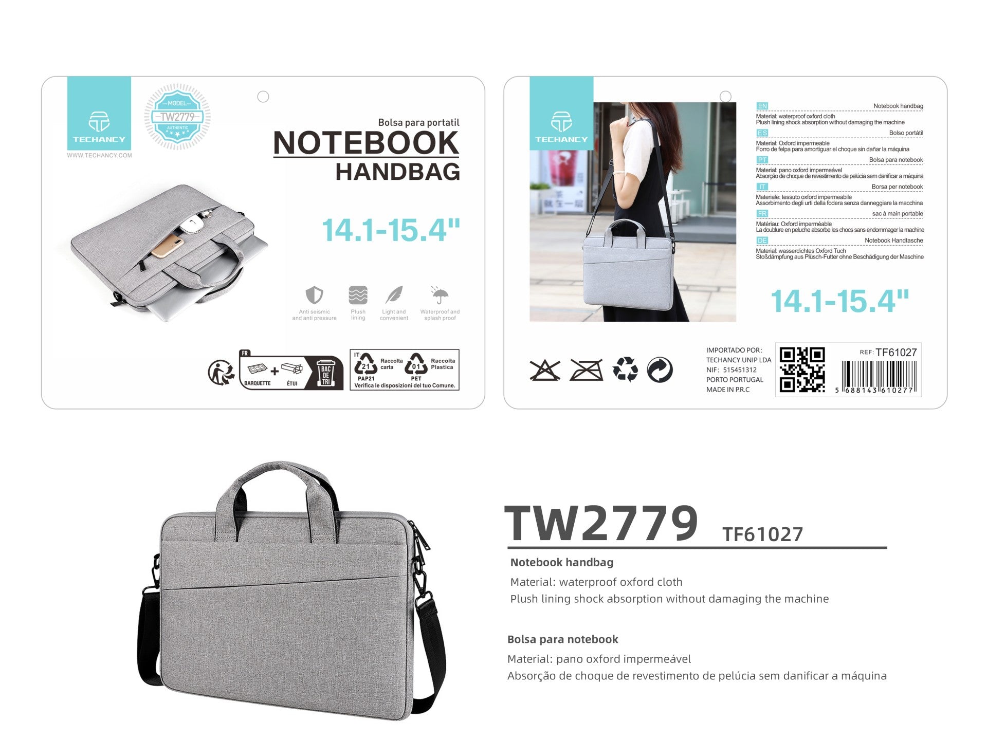 Bolsa para portátil Techancy TW2779, gris, 14,1/15,4 pulgadas, correa ajustable
