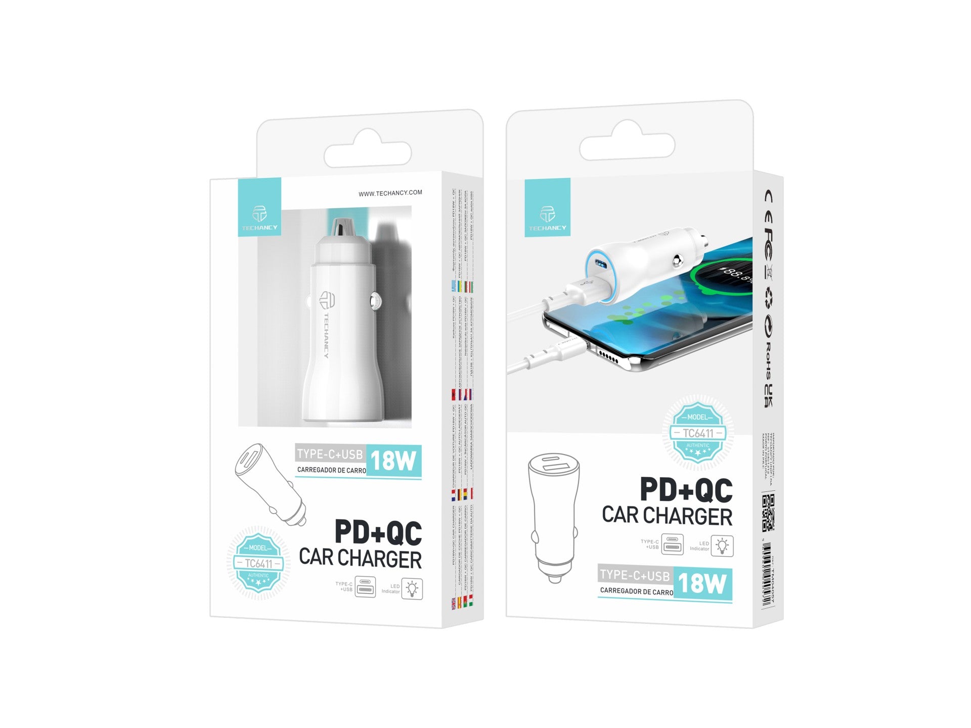 Techancy TC6411 White Car Charger, 18W PD+QC Fast Charging, Compatible with iPhone/Samsung/Huawei
