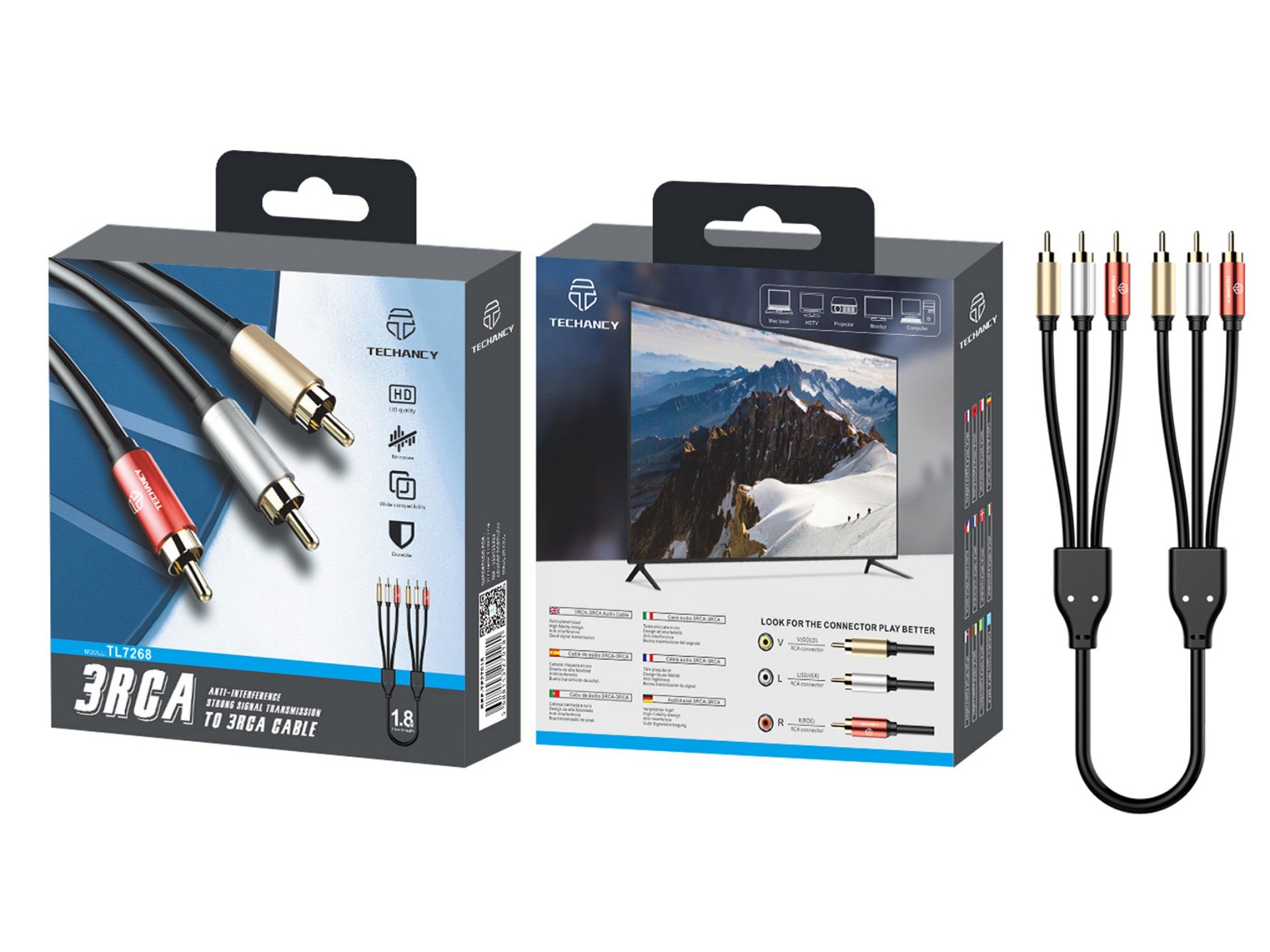 Cabo de áudio Techancy 3RCA para 3RCA 1,8 m, TL7268, preto