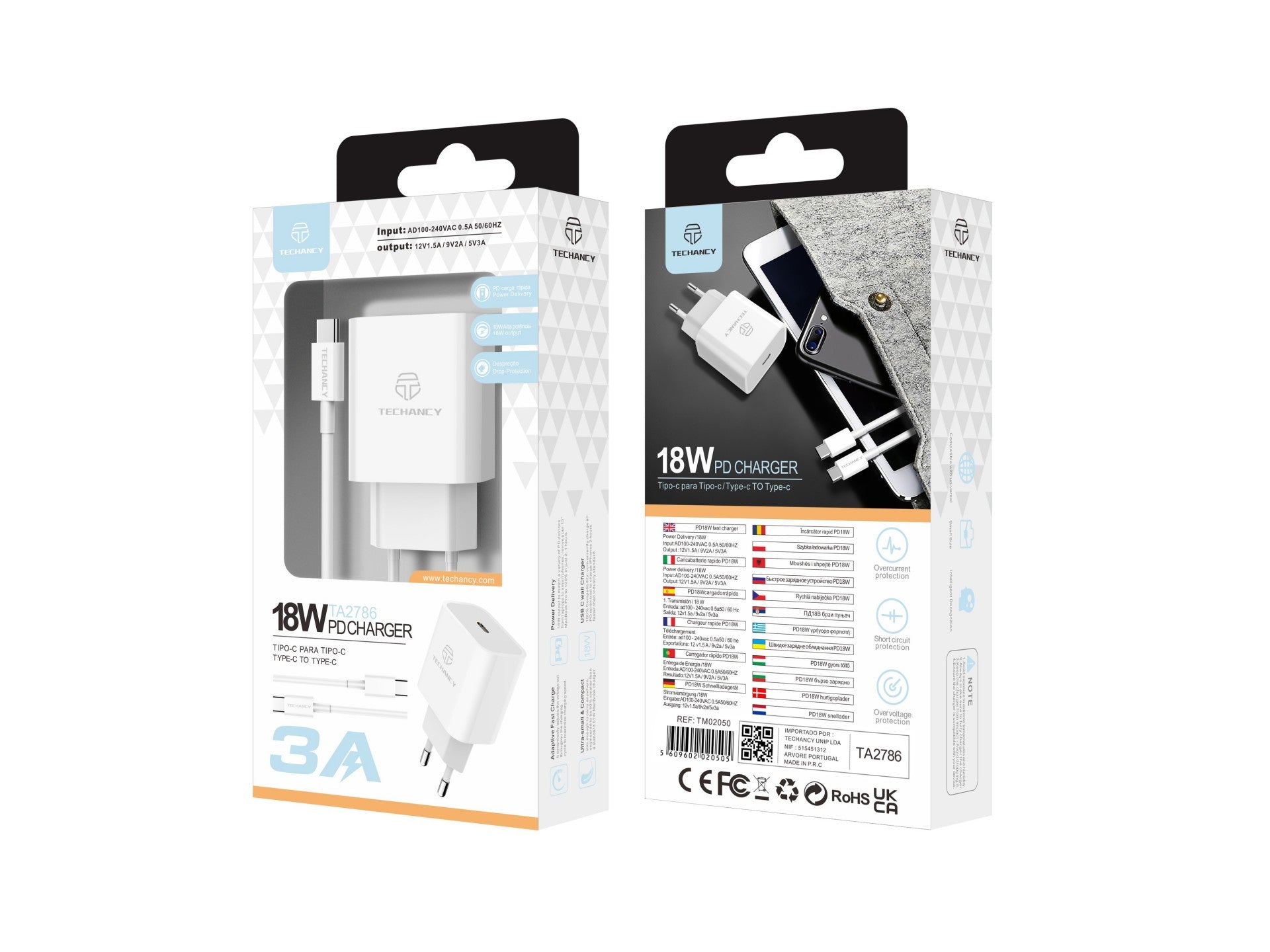 Techancy Carregador Pd 18w TA2786, Conjunto De Cabos Usb C-Lightning, Carregamento Rápido 3A, Compacto E Portátil