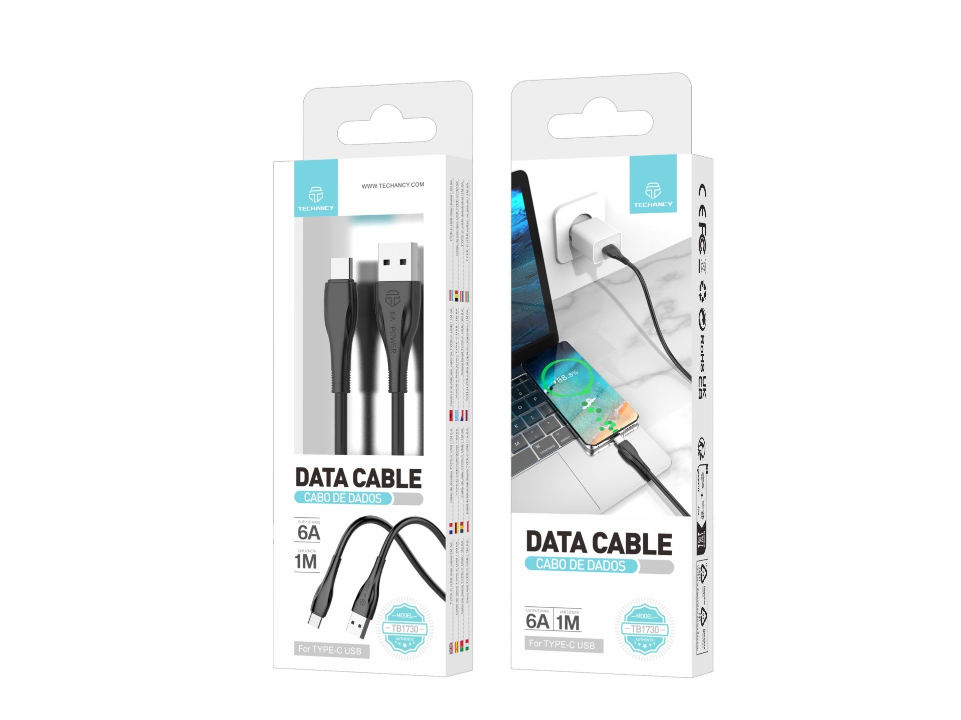 Techancy Super Fast Charging Data Cable 6A Black TB1730, USB Type-C Port, 1M Long, Fast Charging