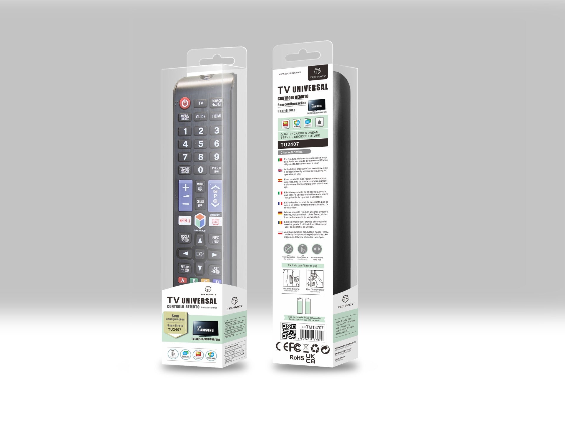 Techancy Controlo Remoto Do Televisor  TU2407, Alcance Sem Fios De 8m, Compatível Com Televisores Samsung, Ligação Auto-Adaptável