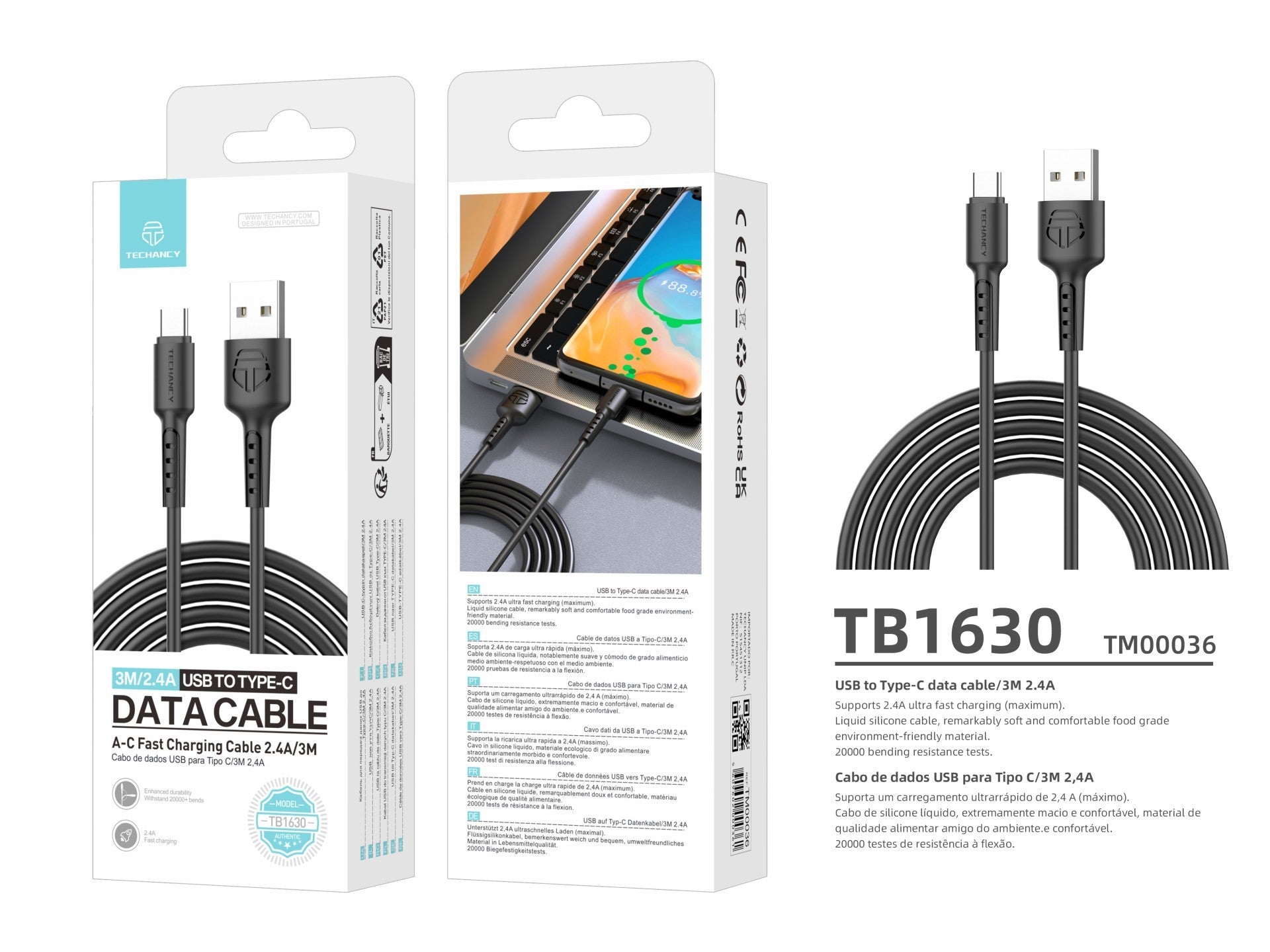 Techancy Cabo De Dados Preto TB1630, Cabo De Carregamento Rápido Usb Para Tipo C, 3 M/2,4 A, Compatível Com Dispositivos Usb-C