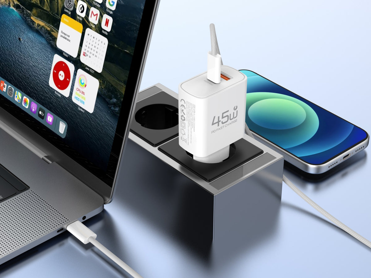 Carregador USB-C 45W TECHANCY TM02128, PD 3.0 PPS, USB-A QC 3.0, Carregamento Rapido, com Cabo USB-C para USB-C 60W de 1 m