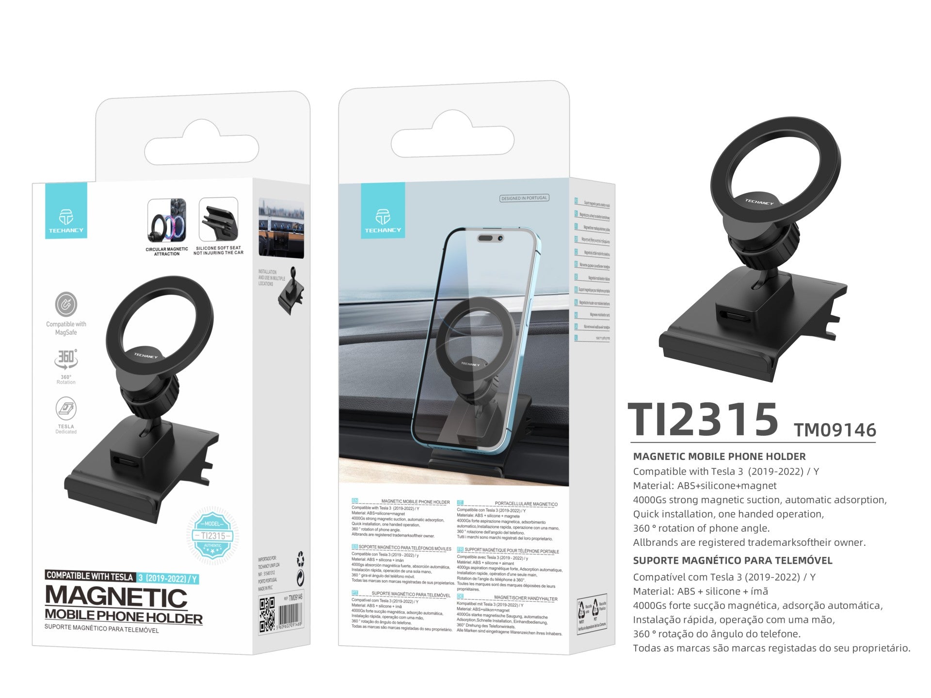 Techancy Suporte Magnético Para Automóvel Com Magsafe Preto Ti2315, Compatível Com Tesla Model 3/Y (2019-2022)