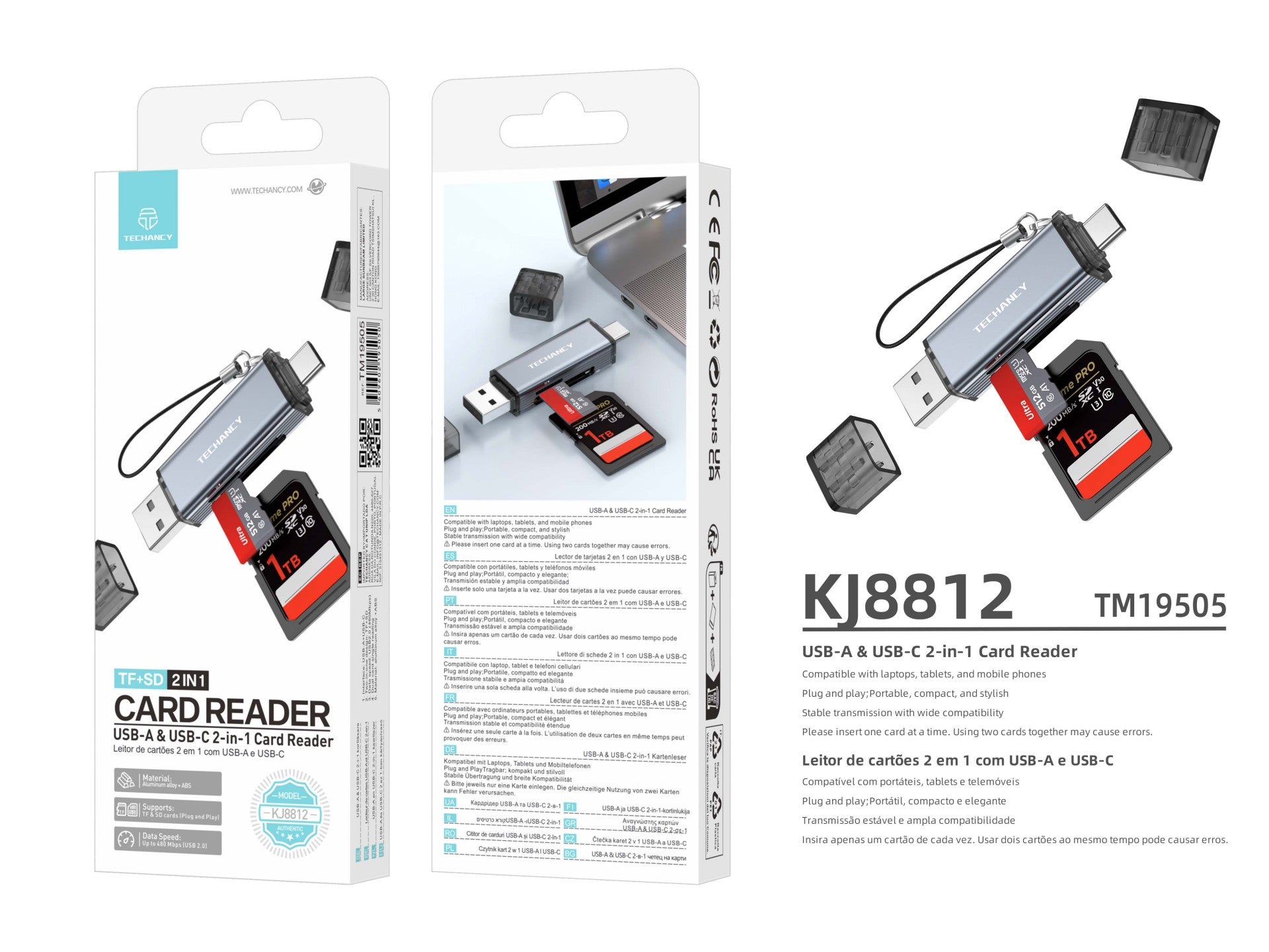 Techancy Leitor de Cartoes KJ8812 USB-A + USB-C 2 em 1 para Cartoes TF SD Plug and Play Compativel com Telemovel Tablet PC Cinza