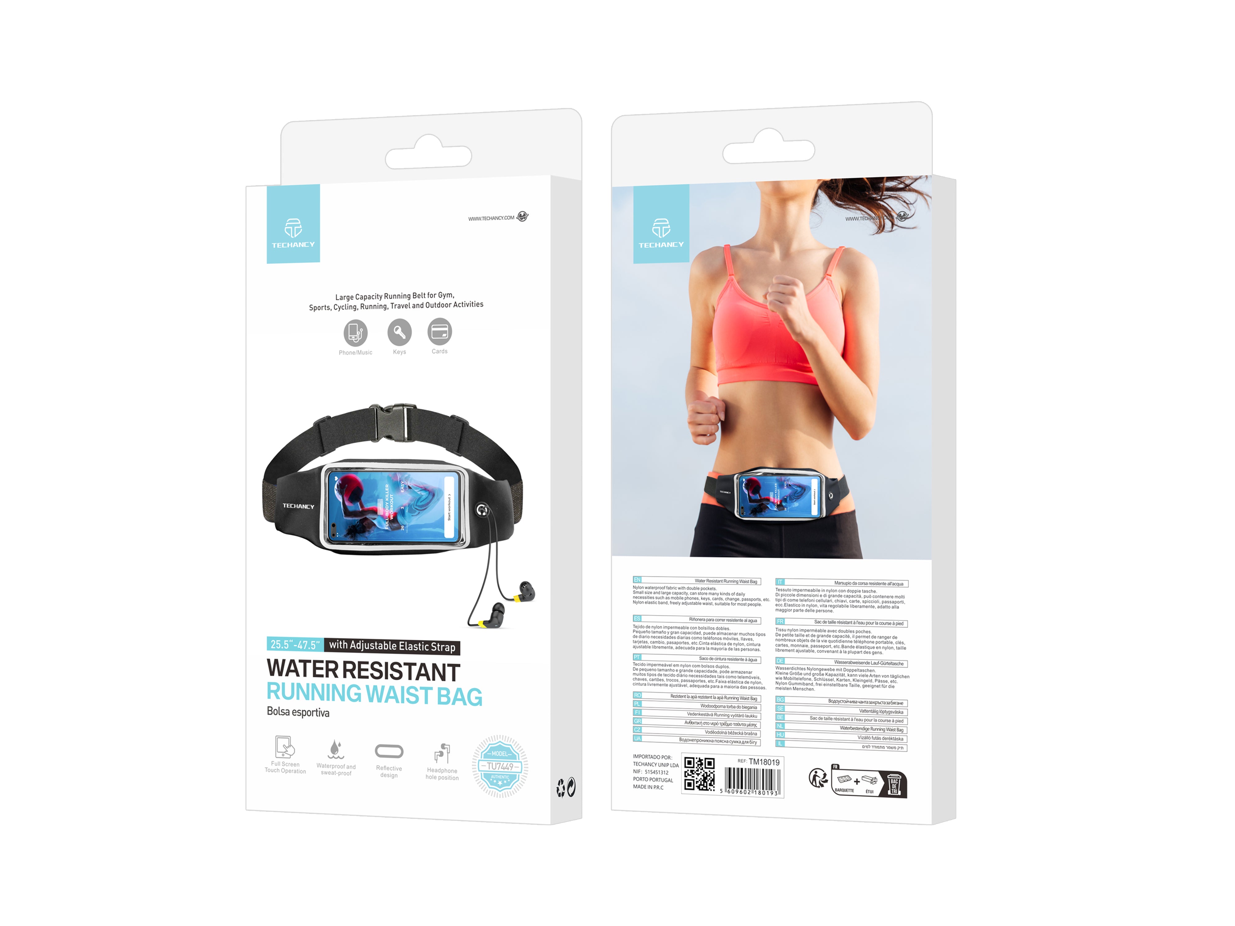 Techancy Sports Waist Pack, TU7449, Adjustable Elastic Waistband. Large Capacity for Cell Phone, Keys, Etc., Black