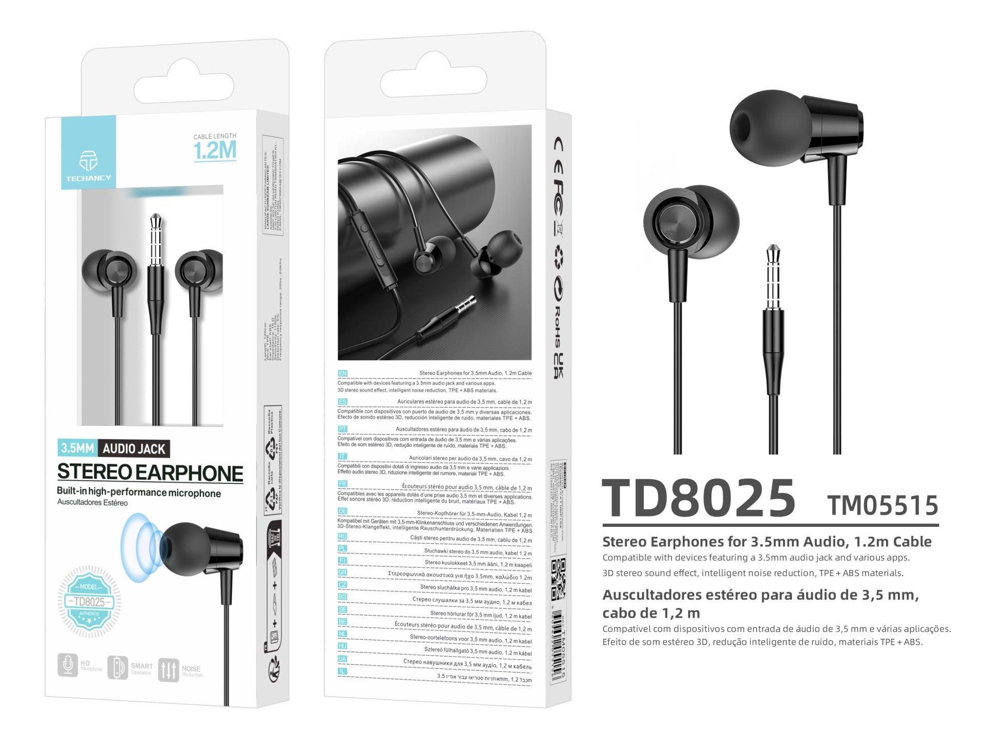 Techancy Auriculares Intra TD8025 Fio 3.5mm Estereo com Microfone Cabo 1.2M Cancelamento Ruido Som HD Compativel iPhone Samsung Huawei Xiaomi PC Preto