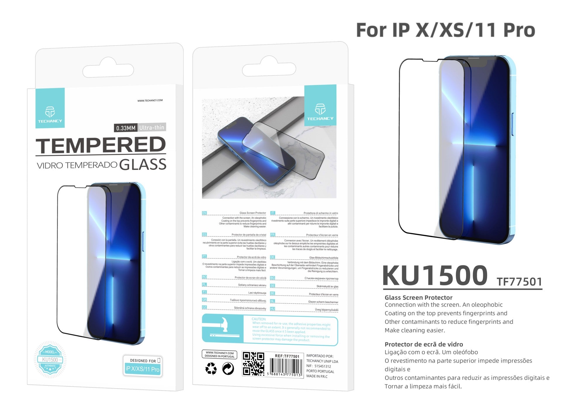 Protector de pantalla premium Techancy para smartphone, KU1500, vidrio templado de 0,33", compatible con iPhone X/Xs/11 Pro