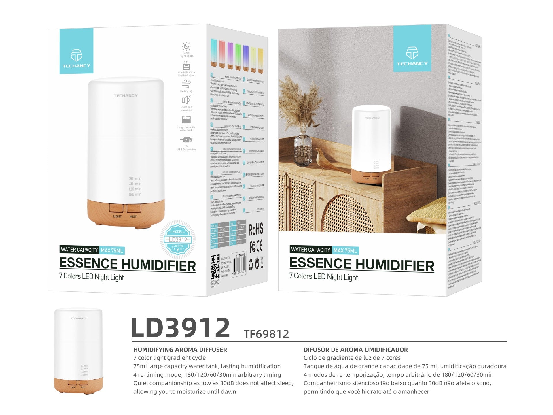 Difusor de aromaterapia Techancy, LD3912, com função humidificadora, branco + grão de madeira