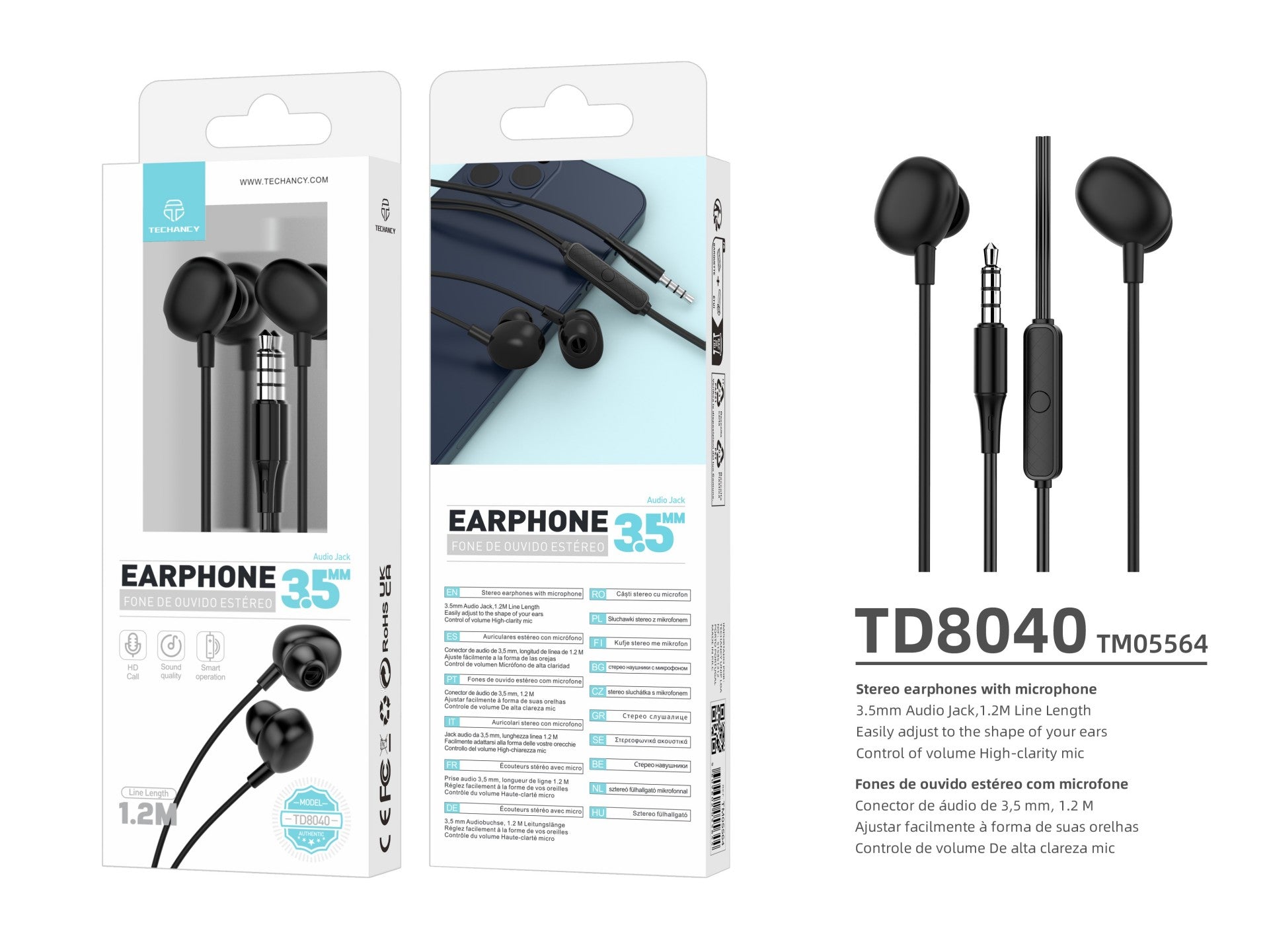 Techancy Auricular Com Fios De 3,5 Mm Preto TD8040, Auricular Com Função De Microfone, Compatível Com Telemóveis/Pc/Mp3, Etc.