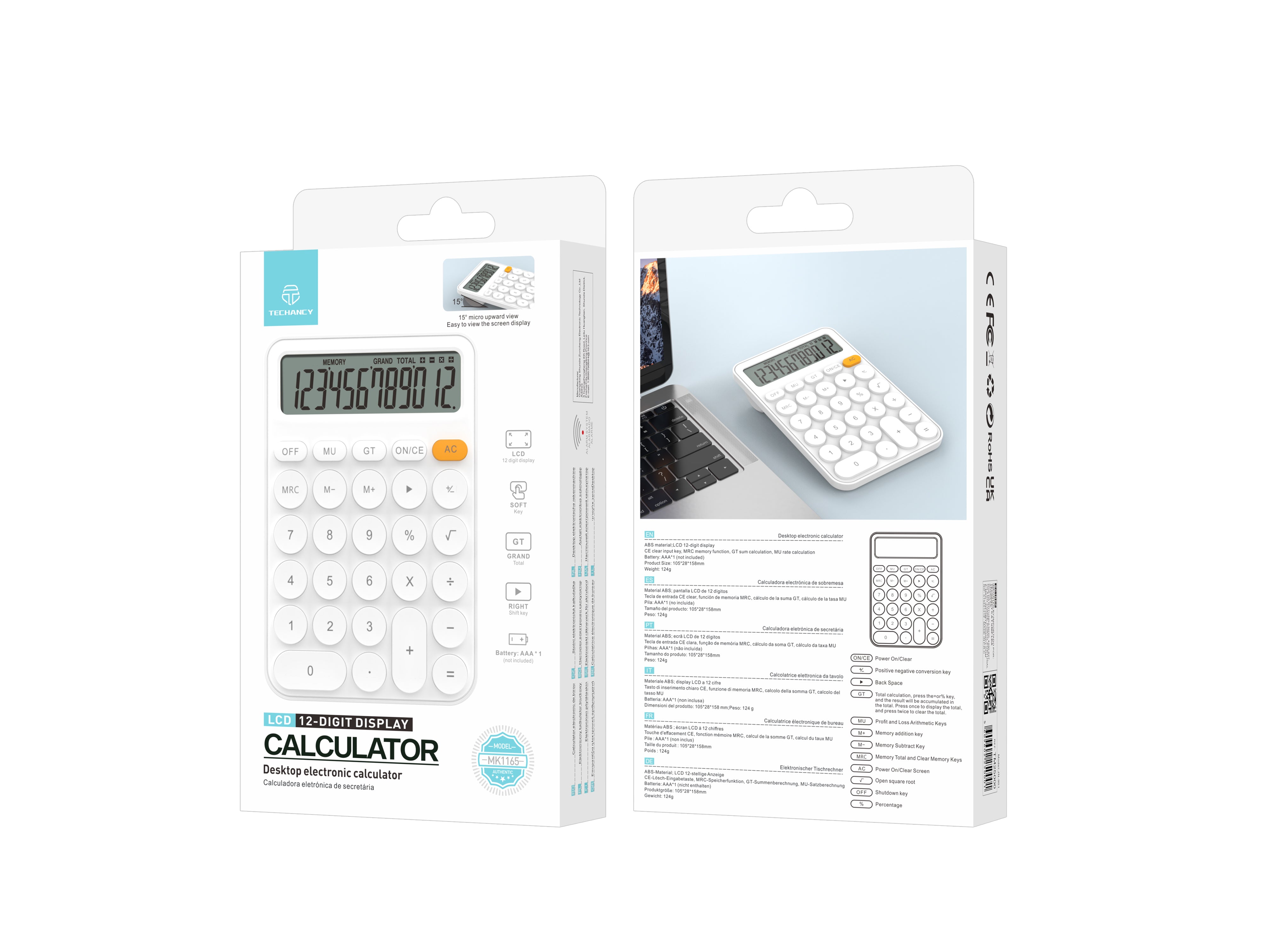 Calculadora de escritorio Techancy MK1165 LCD de 12 dígitos con funciones MRC GT MU y tecla CE transparente, color blanco