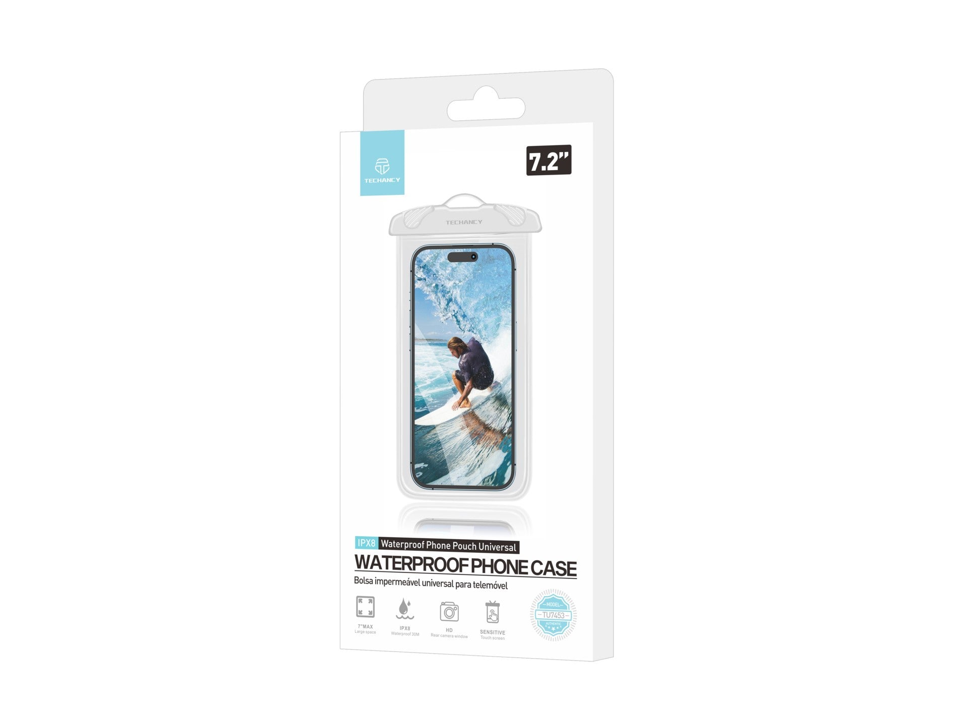 Funda para celular Techancy , impermeable, blanca, TU7453. Capacidad extra grande de 7.2 pulgadas y certificación IPX8.