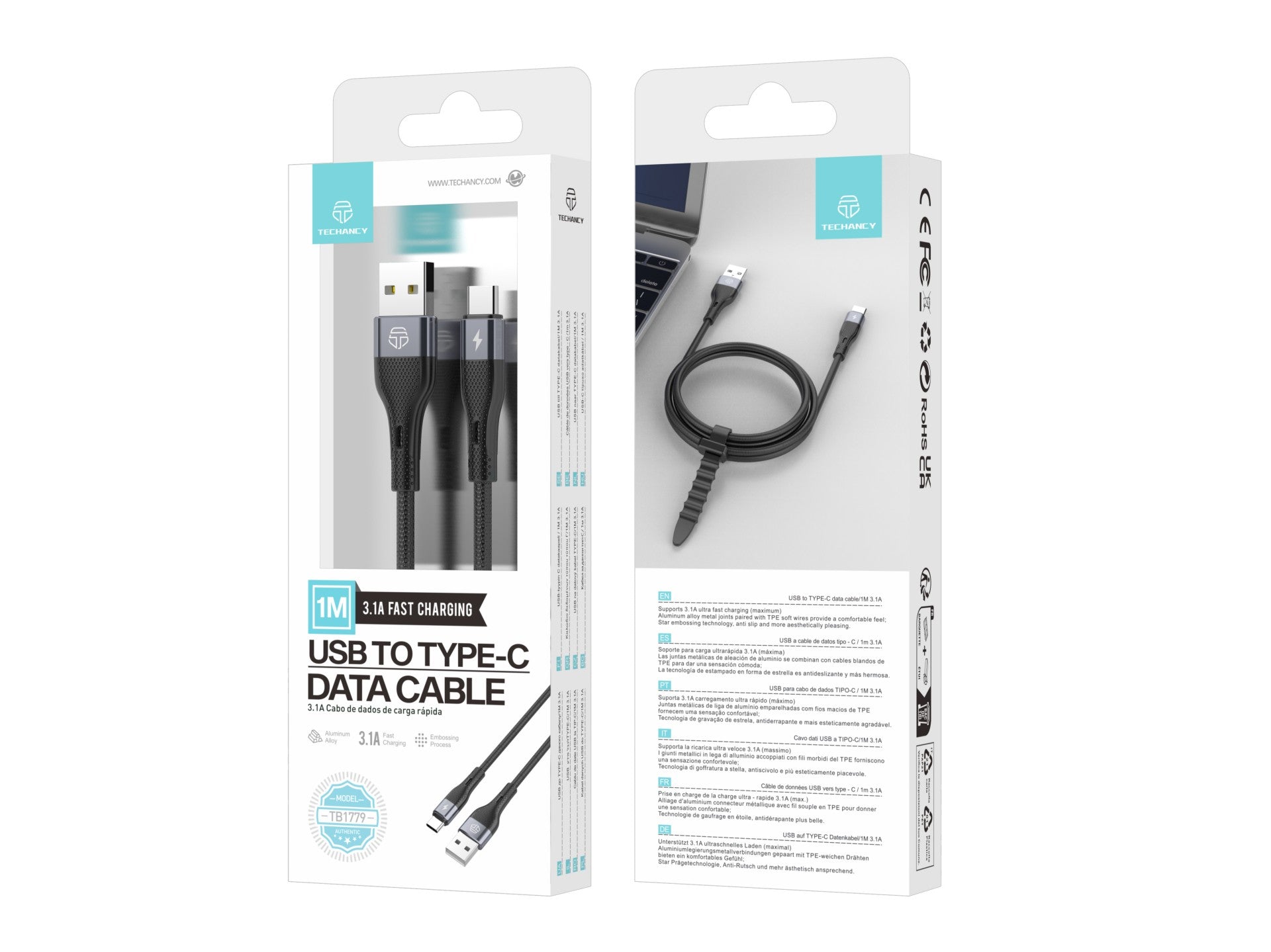 Cabo De Dados Usb Tipo C Preto TB1779, Carregamento Rápido De 3,1 A, Suporta Transferência De Dados De 480 Mbps