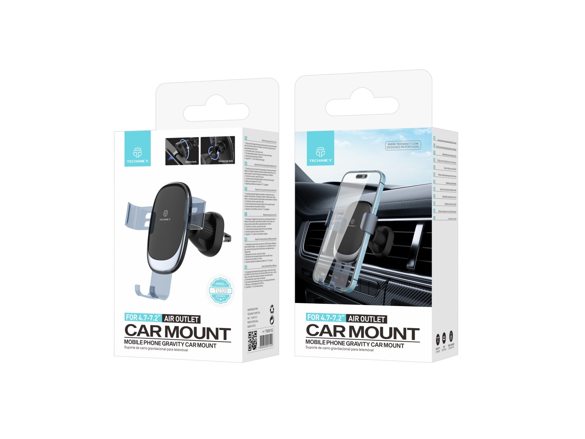 Techancy Suporte Gravitacional Para Automóvel Para Telemóveis 4,7 - 7.2 TI2320, Ângulo De Visualização Ajustável, Preto