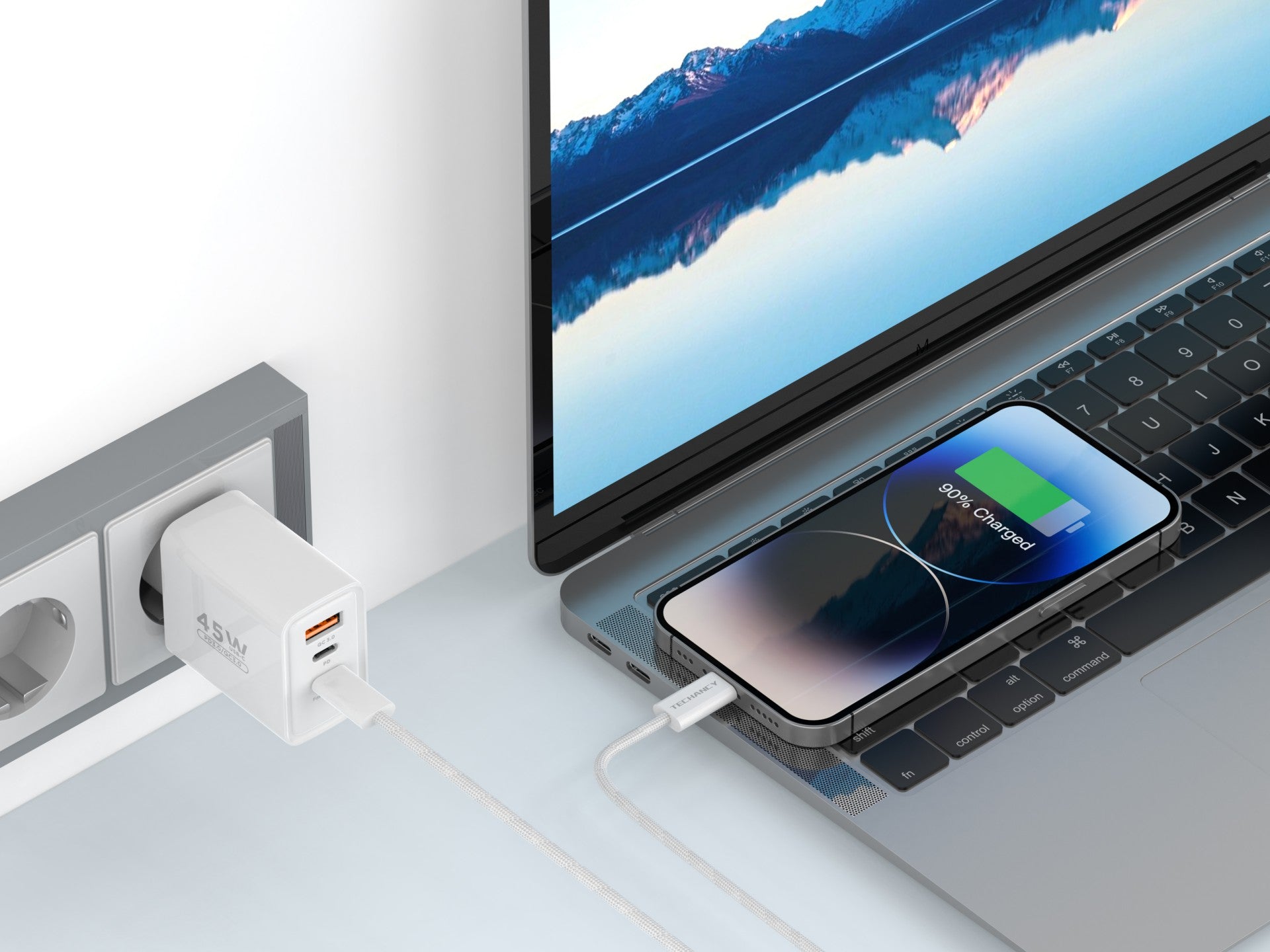 Techancy Carregador USB-A+USB-C+USB-C TA2822, 45W PD, com Cabo USB-C para Lightning de 1m, CompatIvel com iPhone 7/8/XS/11-14