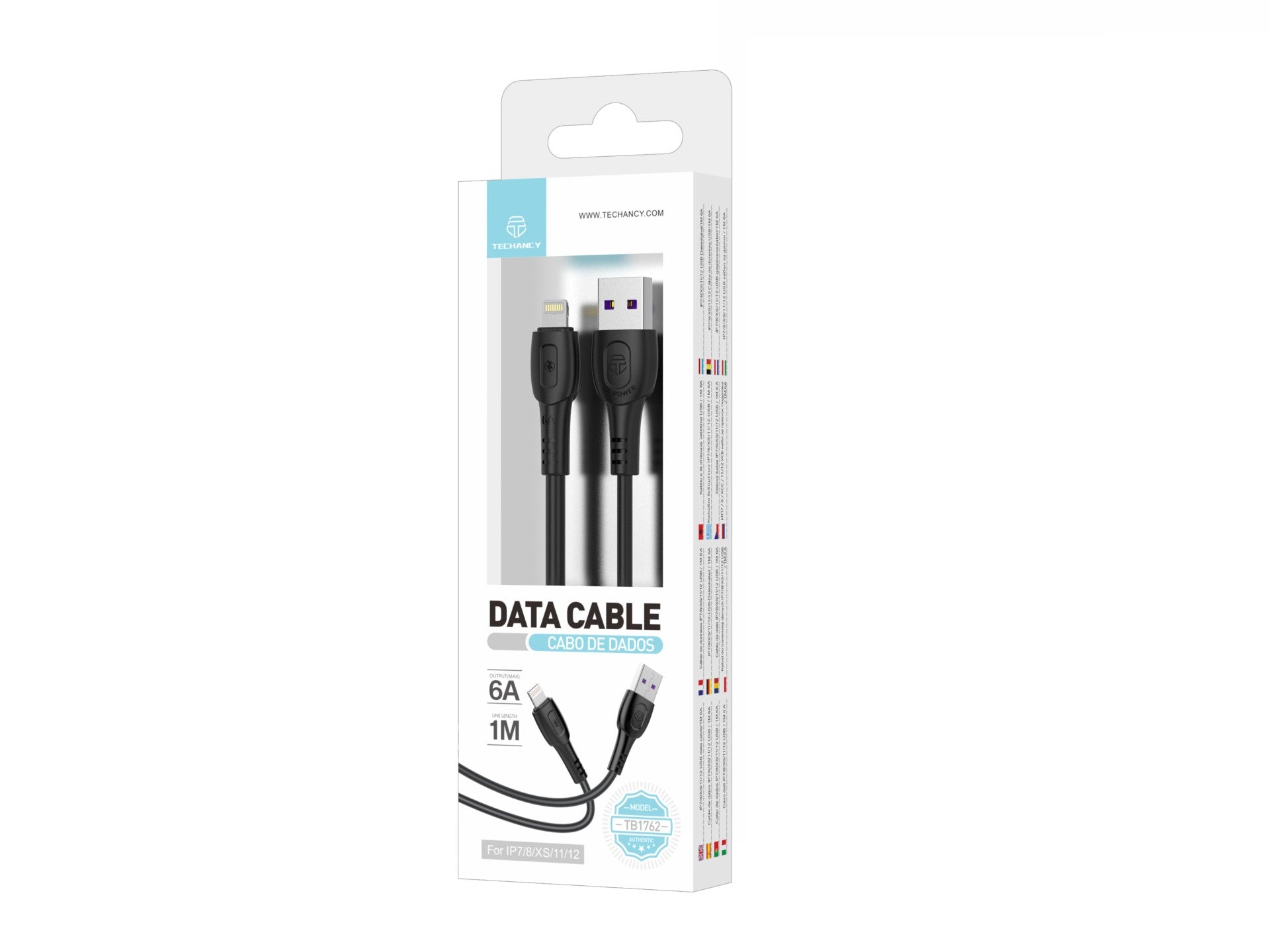 Cable de datos de carga superrápida Techancy 6A, negro TB1762, puerto USB-Tip8/X/11-14, 1 m de longitud, carga rápida