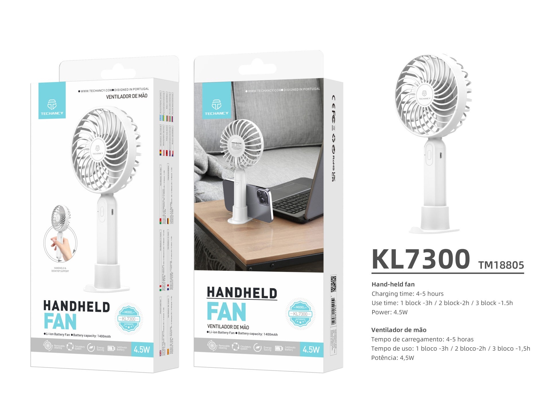 Ventilador portátil Techancy KL7300 blanco, ajustable a 3 velocidades, con soporte para escritorio