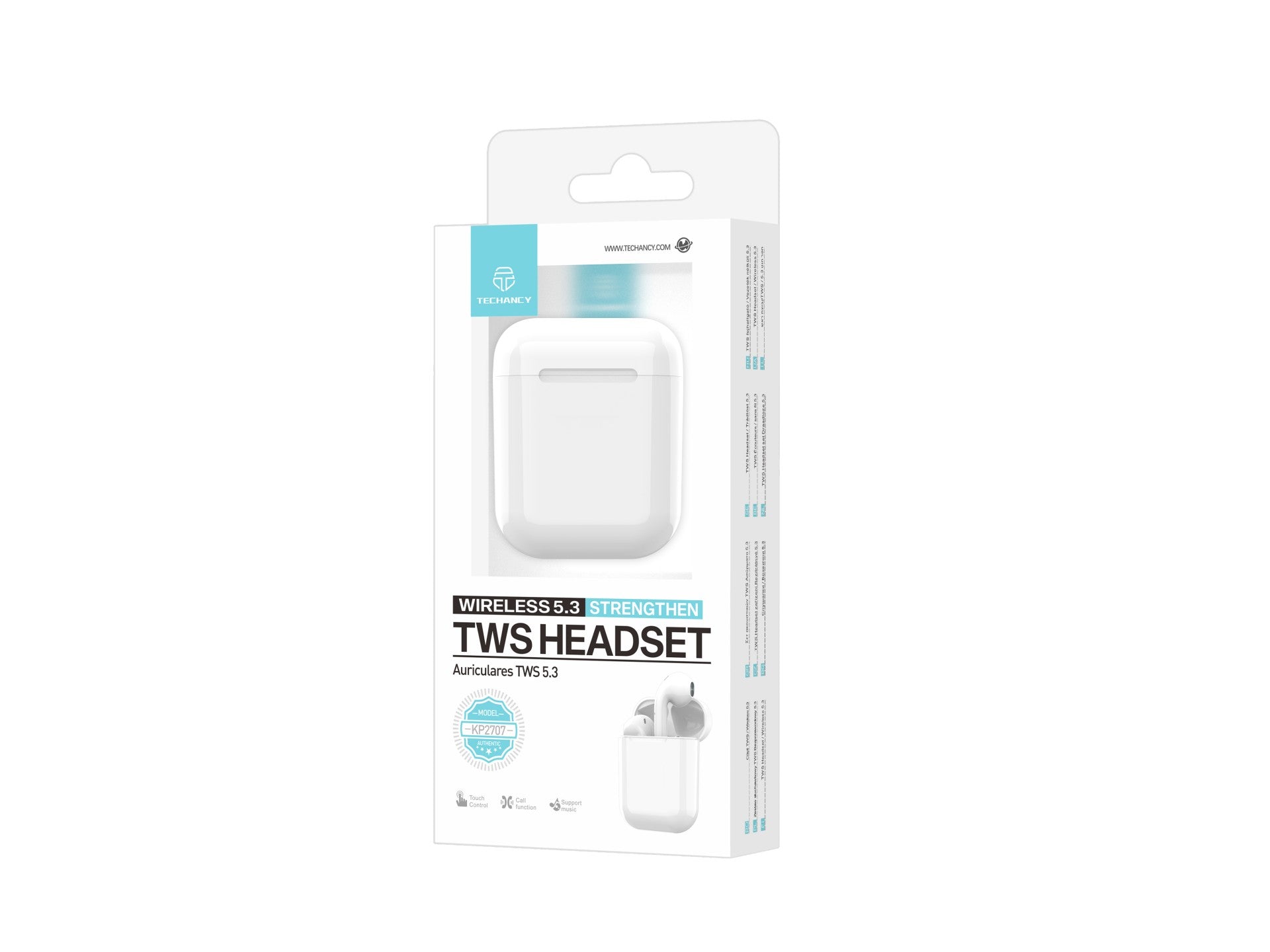 Auriculares inalámbricos Techancy TWS blancos KP2707, Bluetooth 5.3, estéreo con conversación y reproducción de música de 5 h.