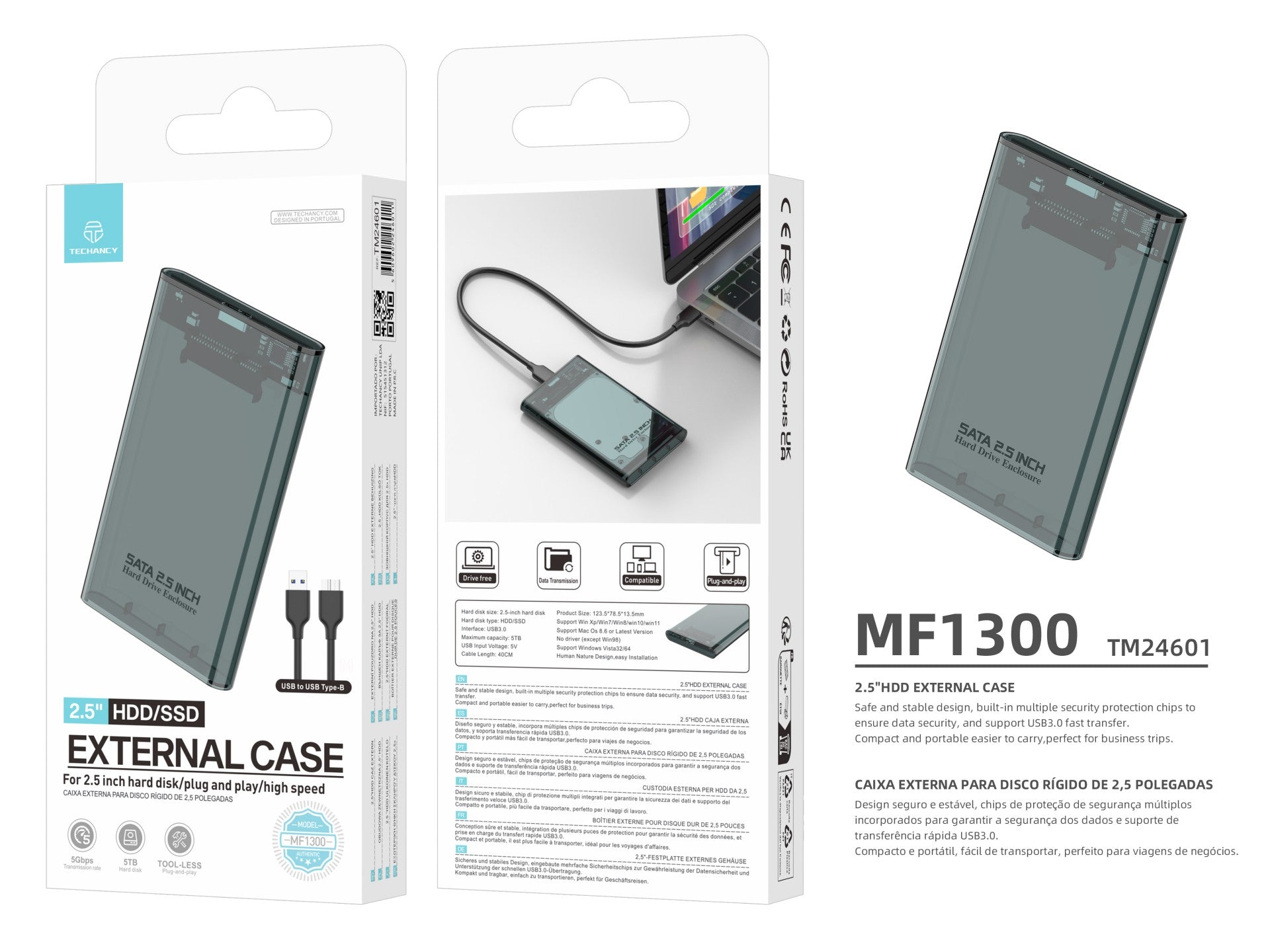 Techancy Estojo Externo  de 2,5" SATA para HDD/SSD Preto MF1300, com USB3.0 de Alta Velocidade, Portátil