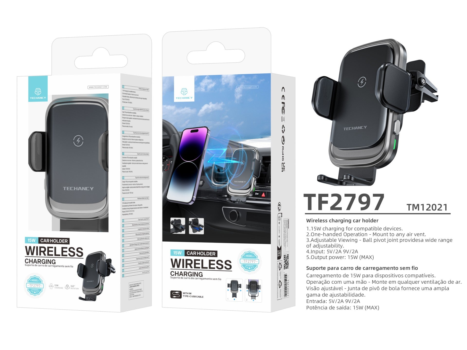 Techancy Suporte Para Carregador Sem Fios Para Automóvel TF2797, Carregamento Sem Fios De 15 W, Abertura E Fecho Automáticos.