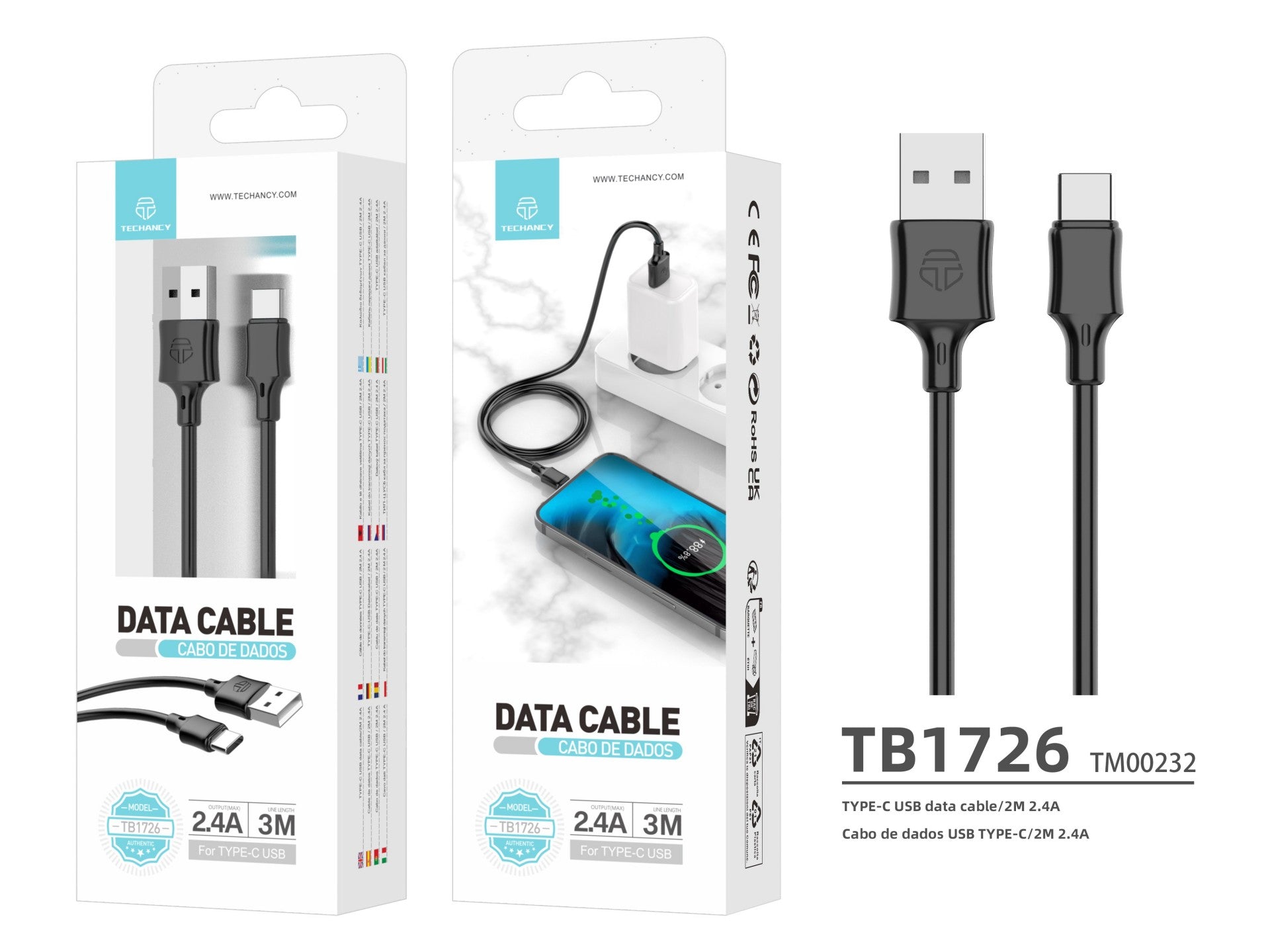 Techancy Cabo De Carregamento 3m Usb- Tipo C Preto TB1726, Carregamento Rápido De 2,4 A, Carregamento De Longo Alcance 3m