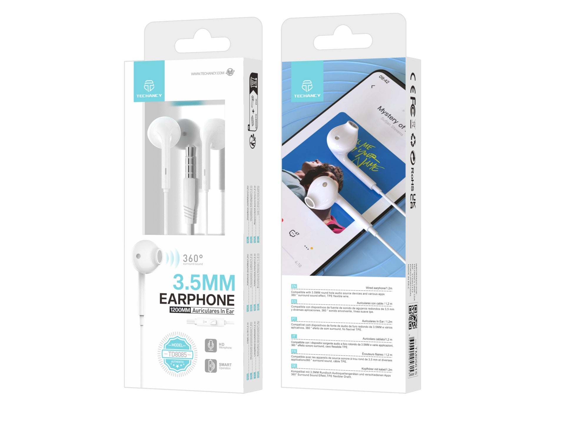 Techancy Auscultadores Intra-Auriculares Brancos 1.2m TD8085 Com Cabo E Microfone, Auscultadores Para Música De 3,5 Mm