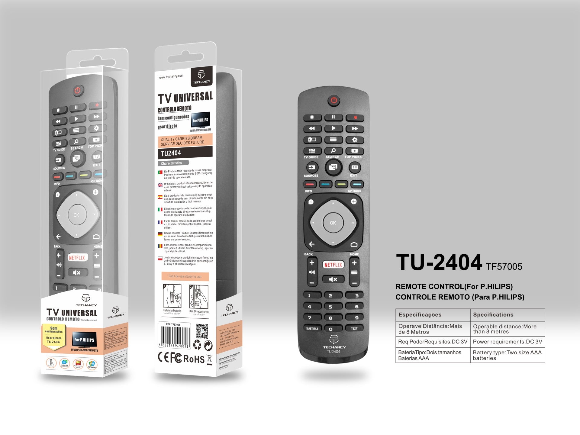 Techancy TV Remote Control, TU2404, No Setup Required, Remote Control for Philips TVs, Black