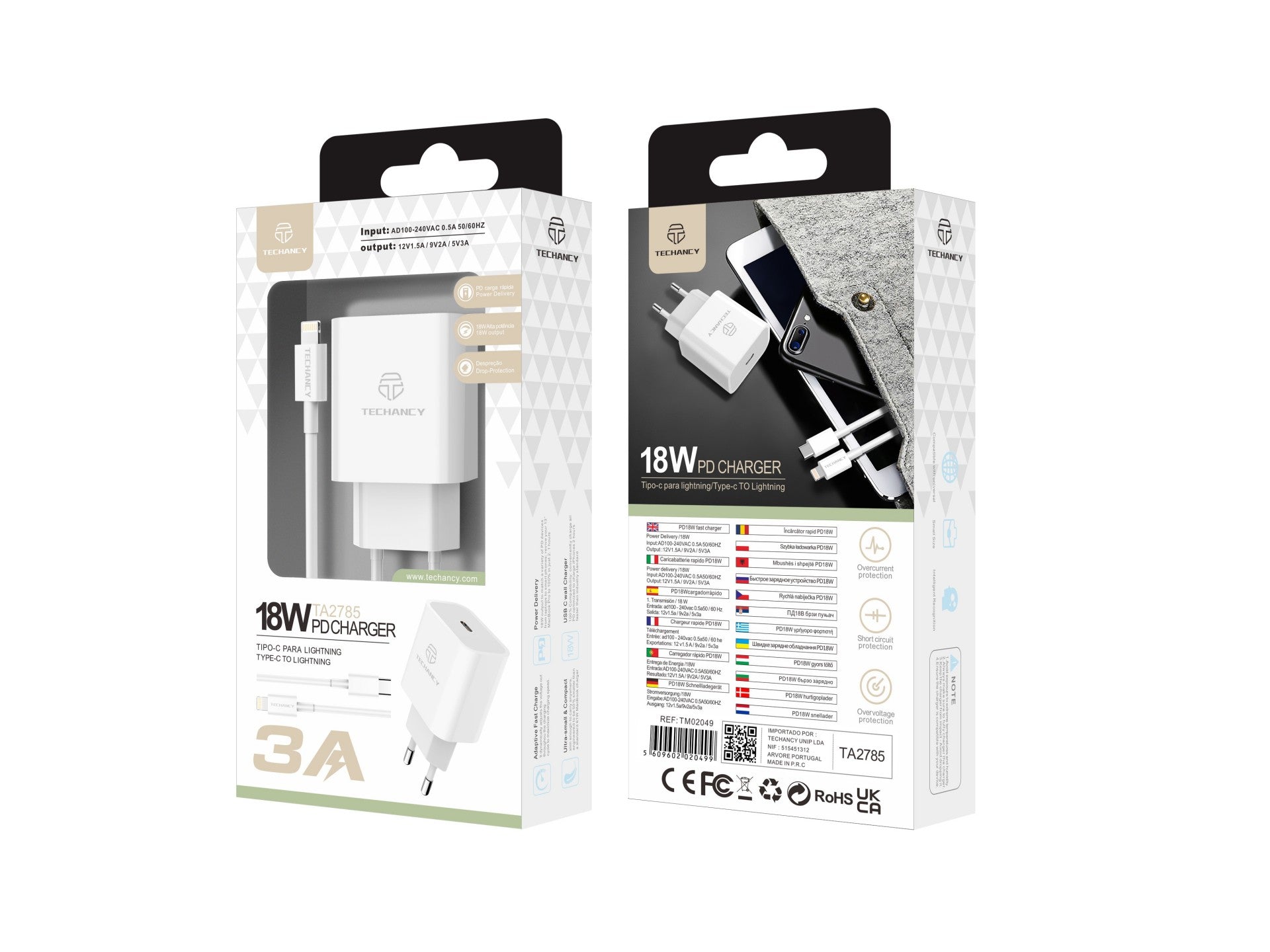 Cargador PD Techancy TA2785 de 18 W, cable USB-C a Lightning, carga rápida de 3 A, compacto y portátil.