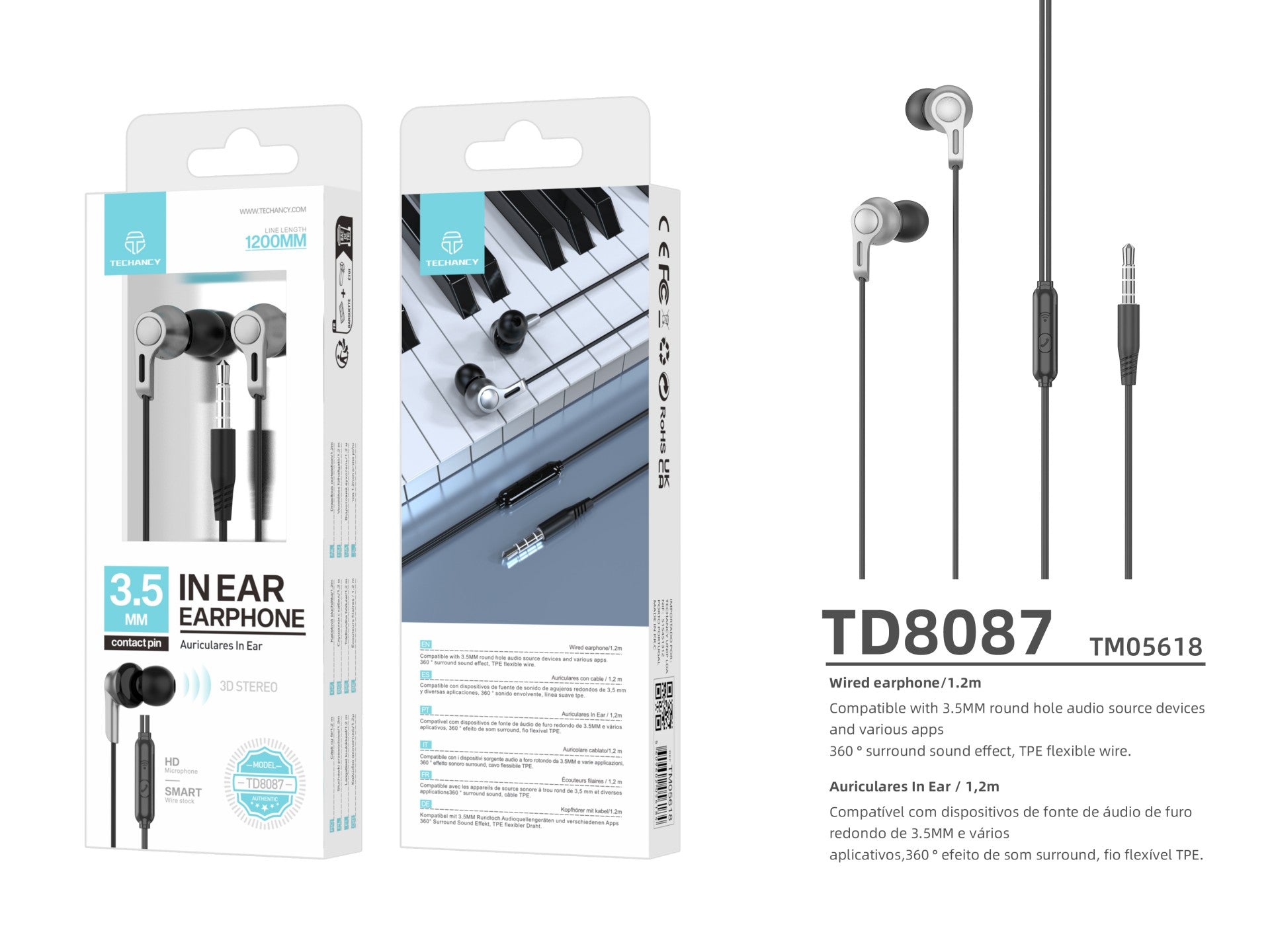 Techancy TD8088 Black In-Ear Headphones, 1.2 Meter Range, 3.5mm Jack, with Microphone, 3D Stereo Sound Headphones