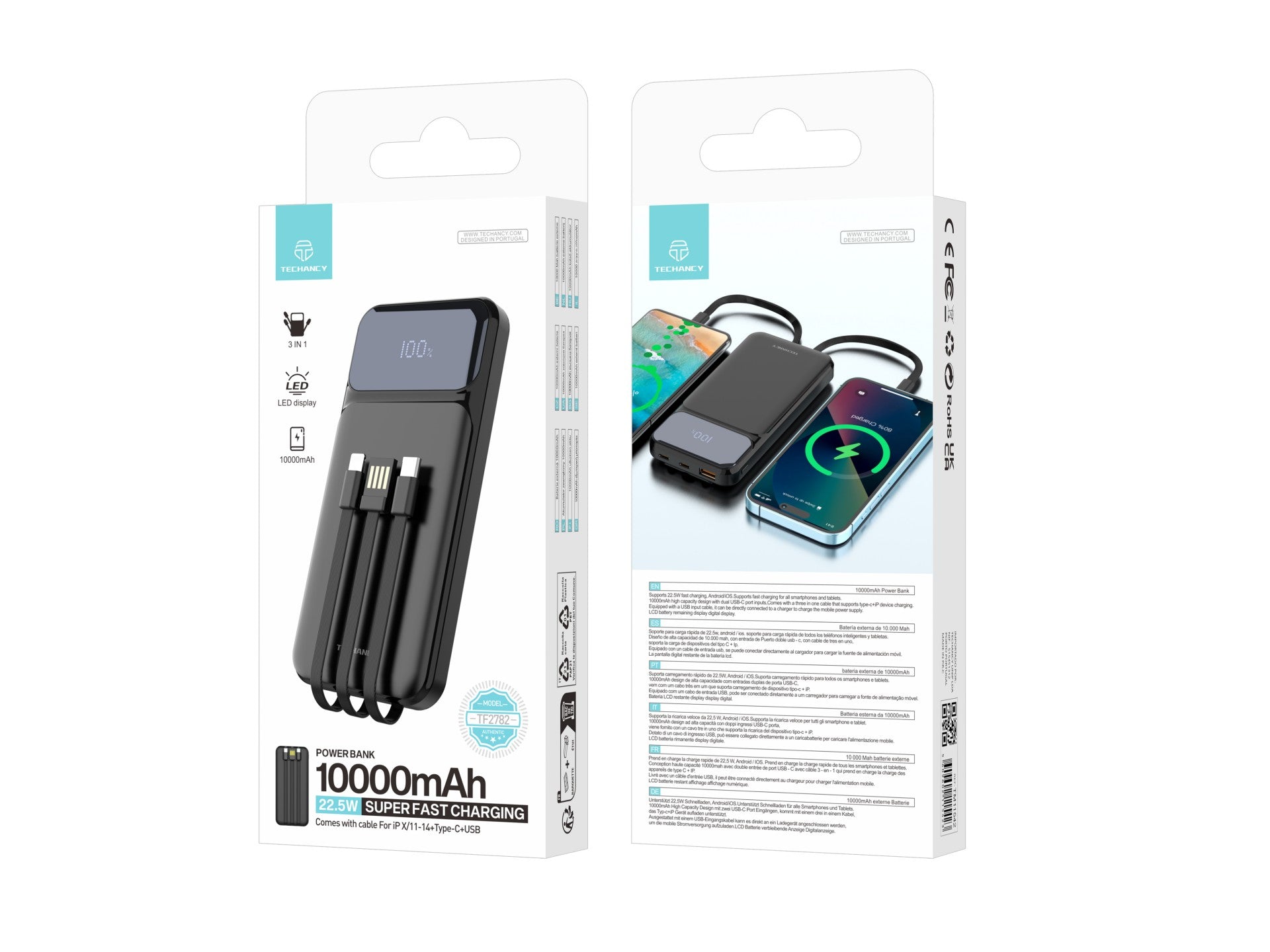Techancy Power Bank 10000 Mah 22.5w  TF2782, Cabo De Carregamento Type-C+Lightning+ Usb 3in1, Ecrã Digital De Potência