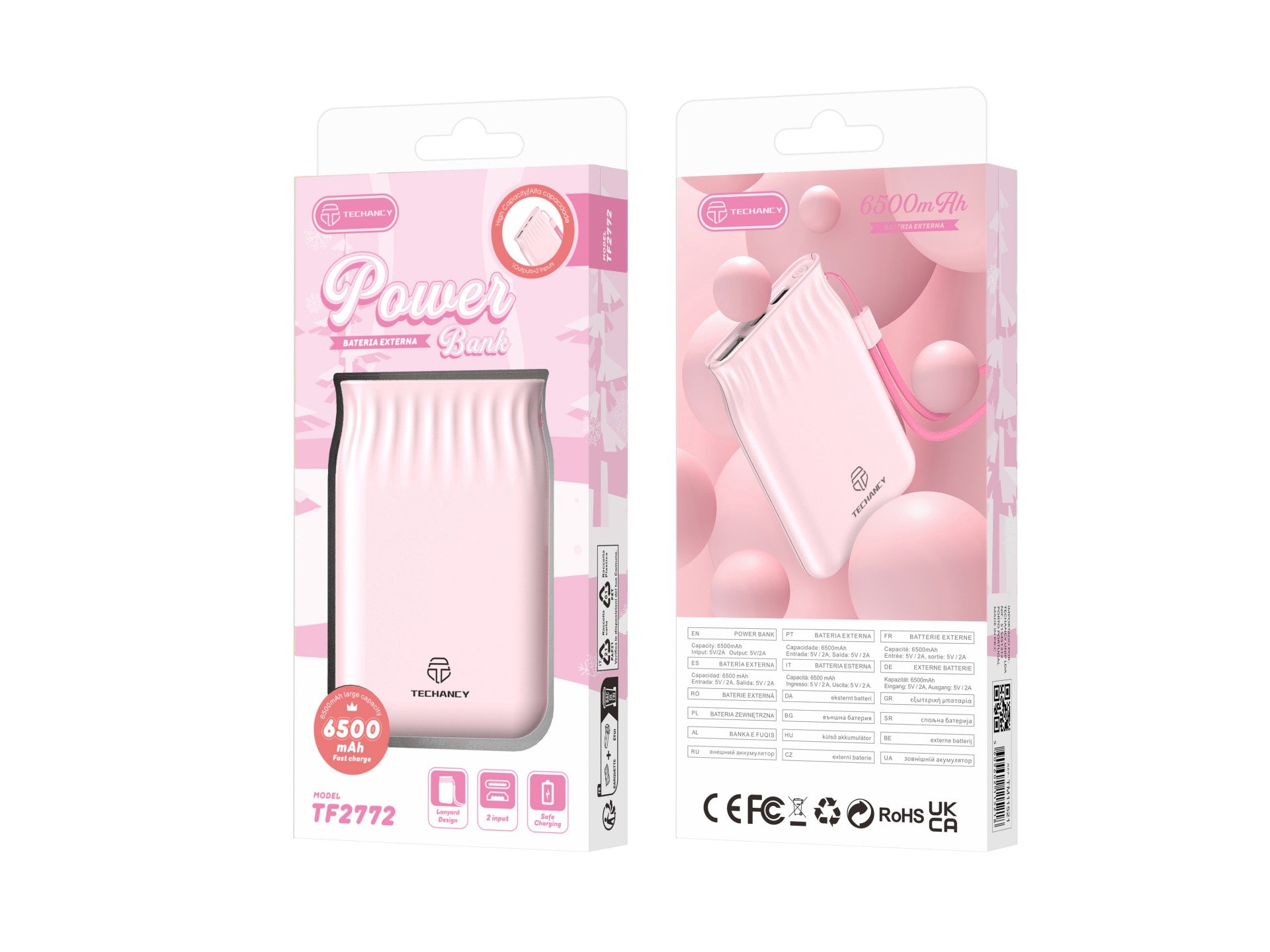 Banco de energía Techancy de 6500 mAh, color rosa, TF2772, compatible con carga de teléfono móvil y tableta de 2 A, fuente de alimentación portátil