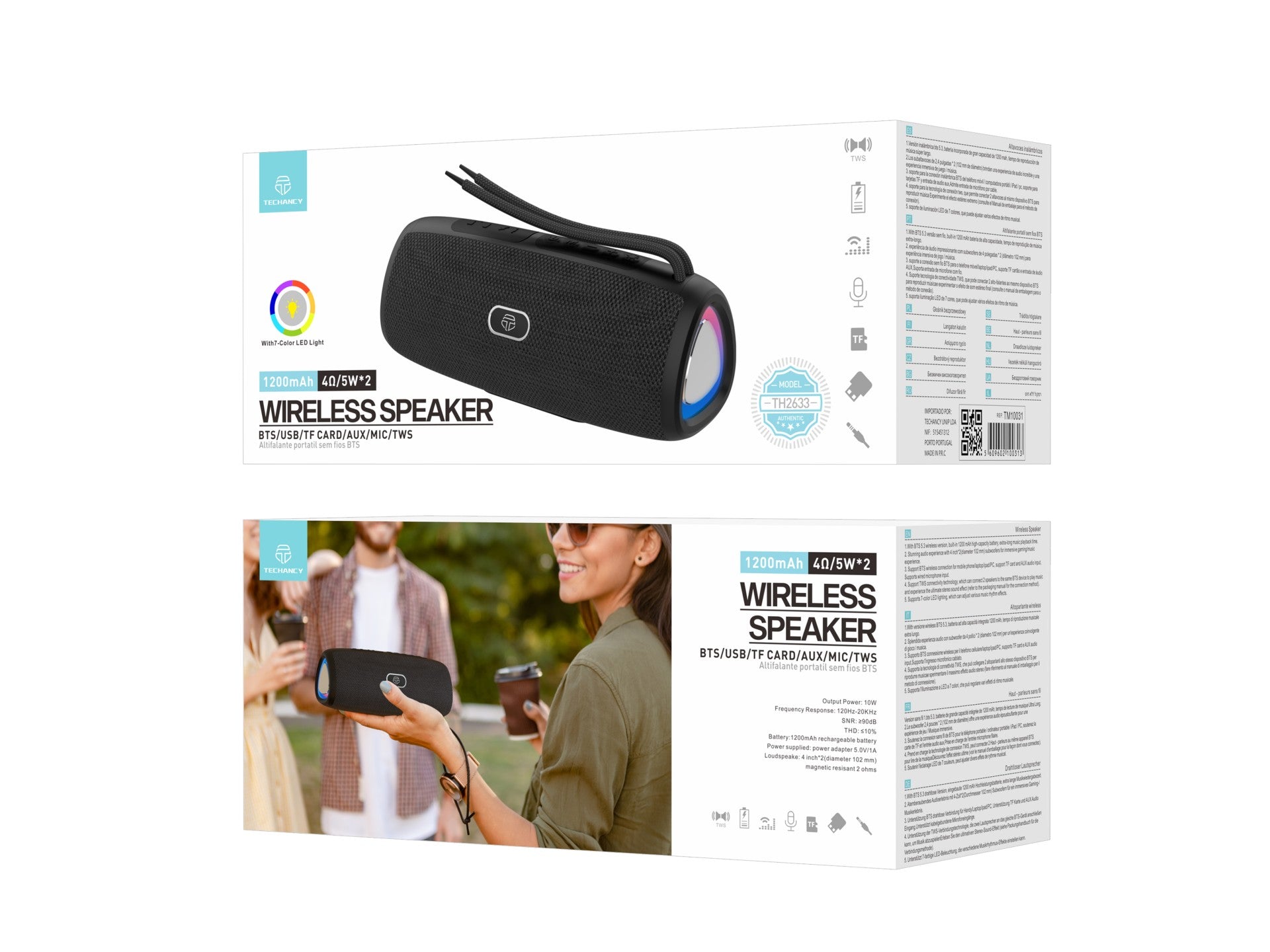 Altavoz Bluetooth inalámbrico Techancy versión 5.3TH2633, compatible con TWS/TF/AUX, luz ambiental LED RGB de 7 colores