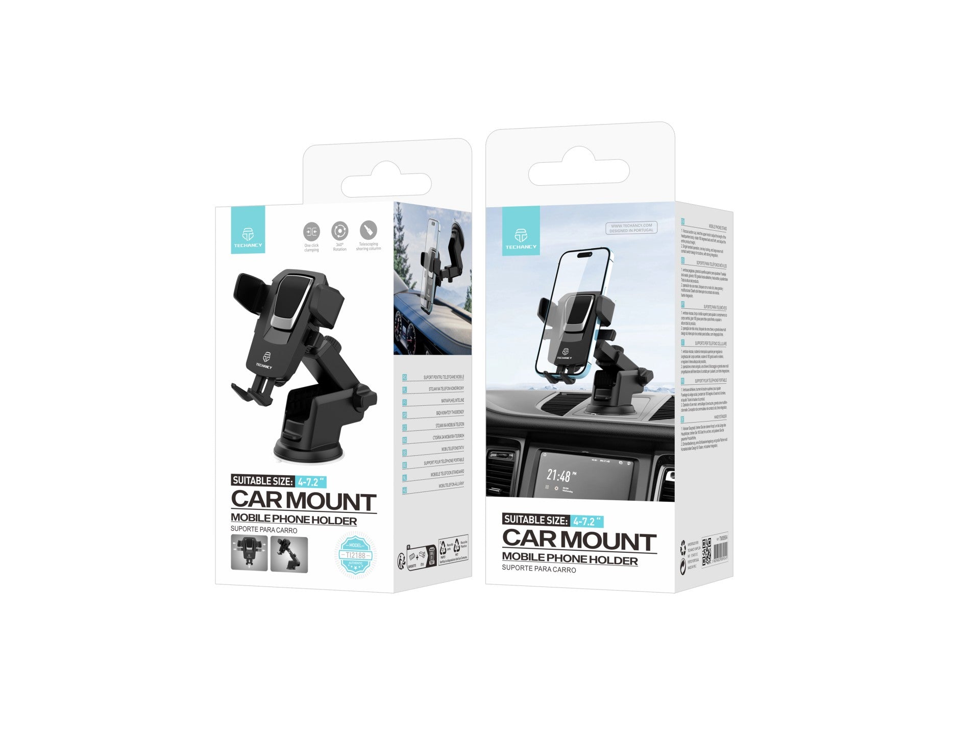 Techancy Suporte Para Telemóvel Com Ventosa Para Automóvel Preto/Prata Ti2188, Bloqueio Com Um Toque, 4-7,2 Polegadas