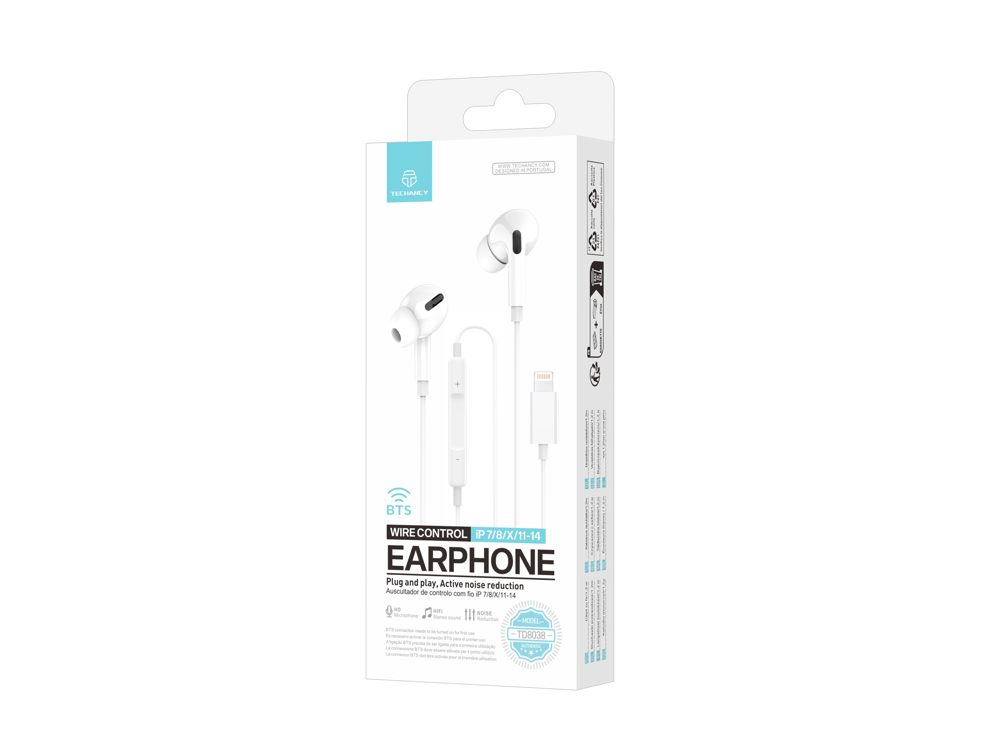 Techancy Auscultadores Intra-Auriculares Com Fios Brancos TD8038 Com Conetor Lightning, Microfone Integrado, Compatível Com Iphone/Ipad