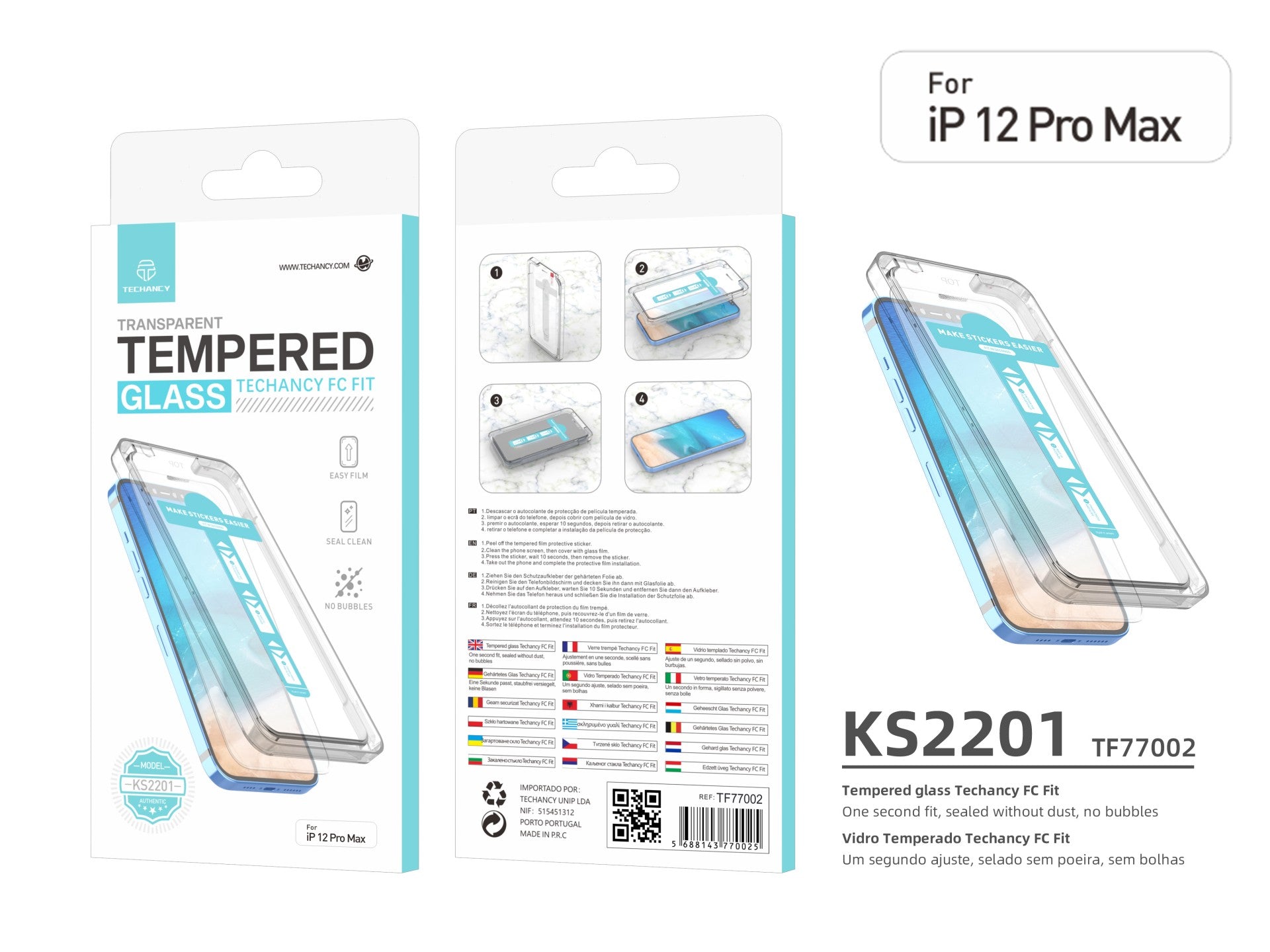 Techancy Tempered Glass Screen Protector, Dustproof Case with Quick Installation, Bubble Free, KS2201, Compatible with iPhone 12 Pro Max, Clear Color
