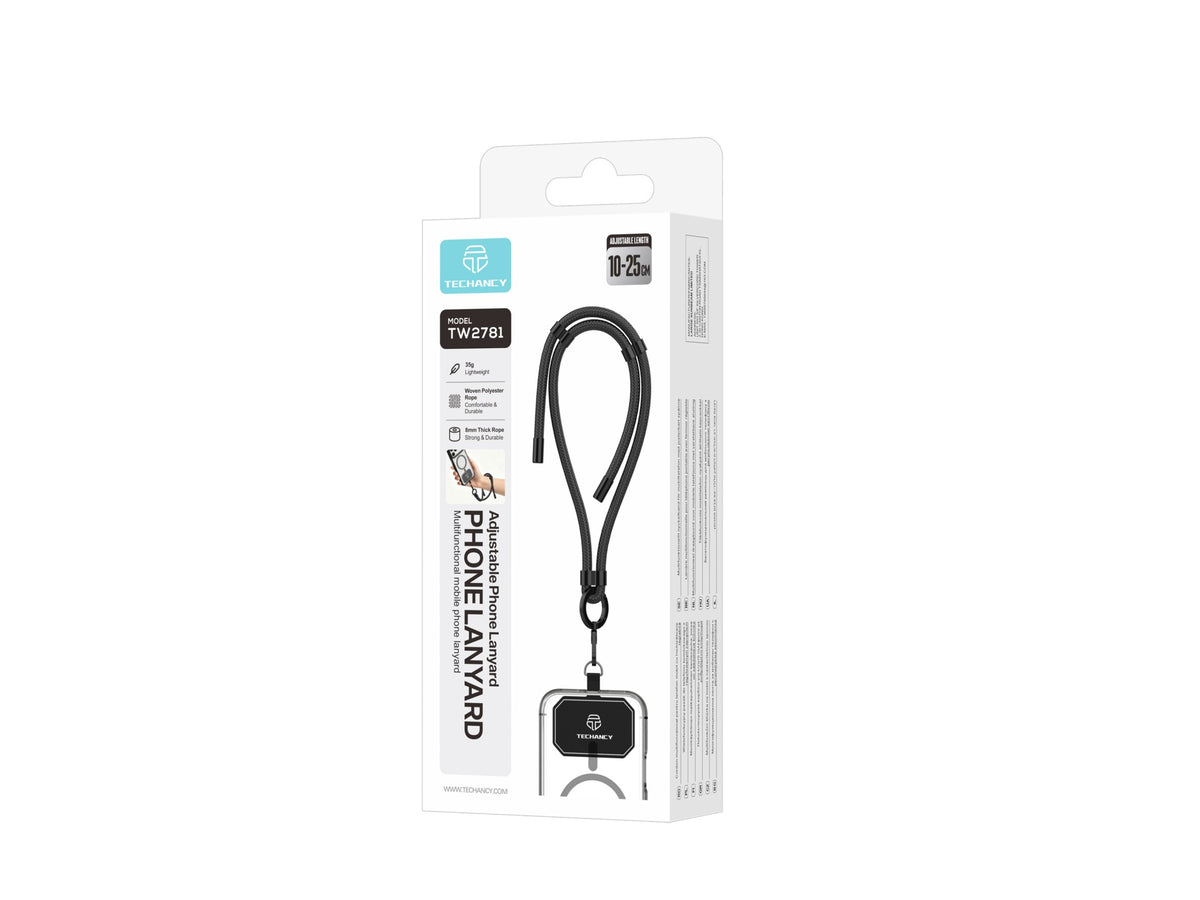 TECHANCY TW2781 Wrist Strap for Mobile Phone, Adjustable 10-25 cm, 8 mm Braided Cord, with 2 Snaps, Black