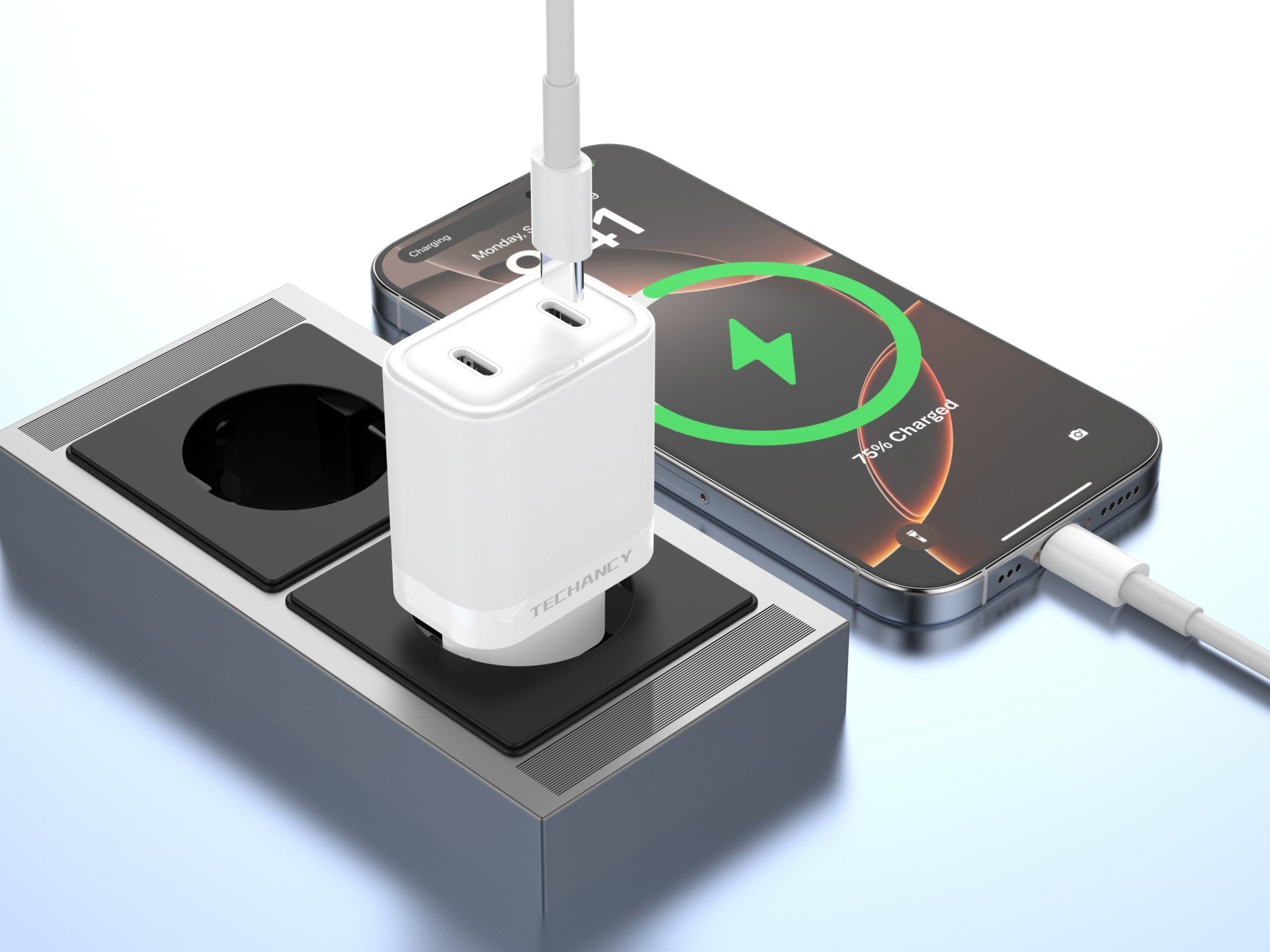 Techancy Carregador 40W Dual USB C PD PPS TA2827 Carregamento rapido para iPhone Android Tablet Adaptador EU Branco