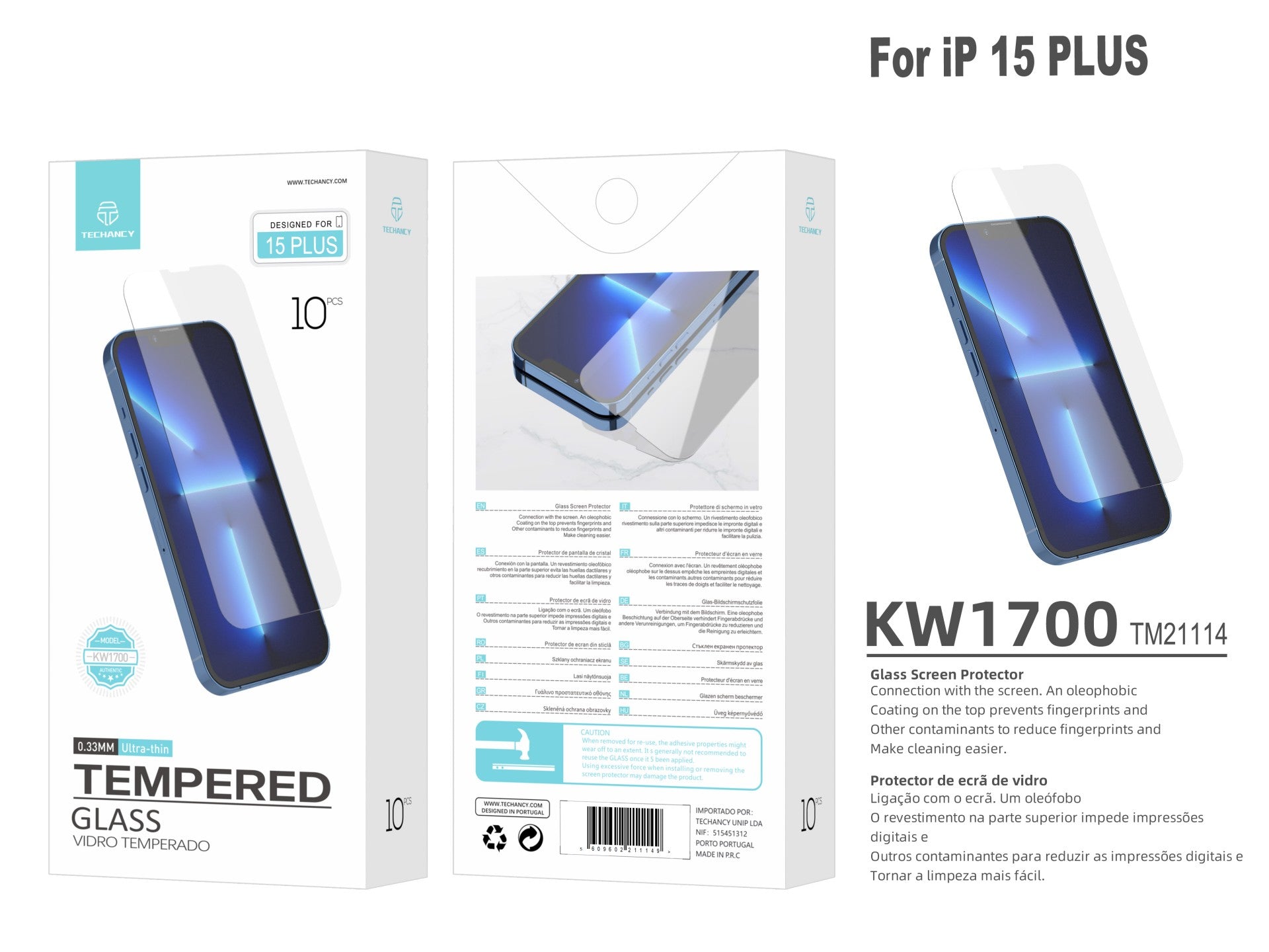 Techancy Película de Vidro Temperado  para iPhone 15 Plus KW1700 , 0.33MM, Anti-riscos, Alta Transparência, Fácil Aplicação