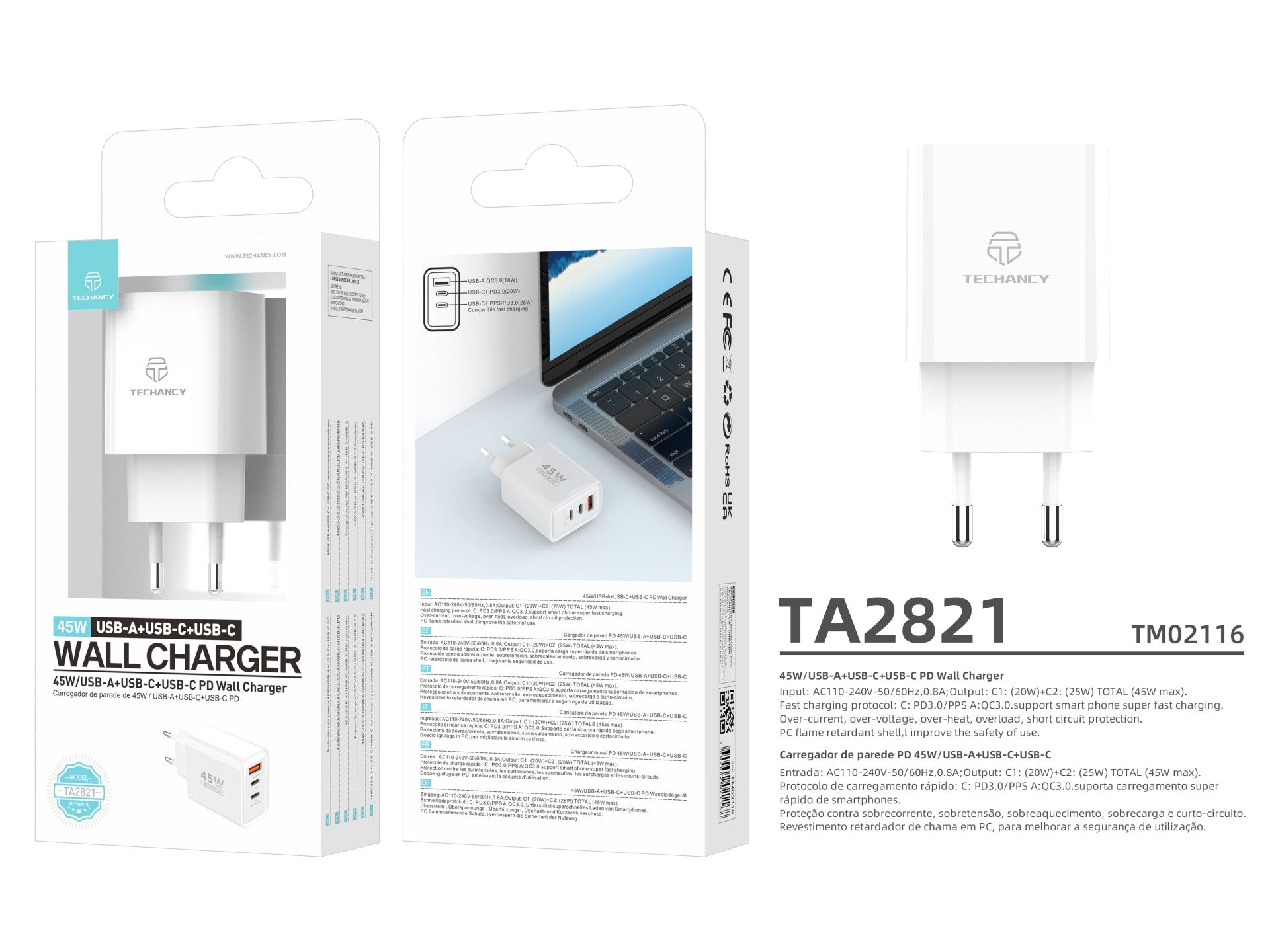 Techancy Carregador USB-A+USB-C+USB-C TA2821, 45W PD, SaIda Múltipla, Design Portatil, CompatIvel com Múltiplos Dispositivos