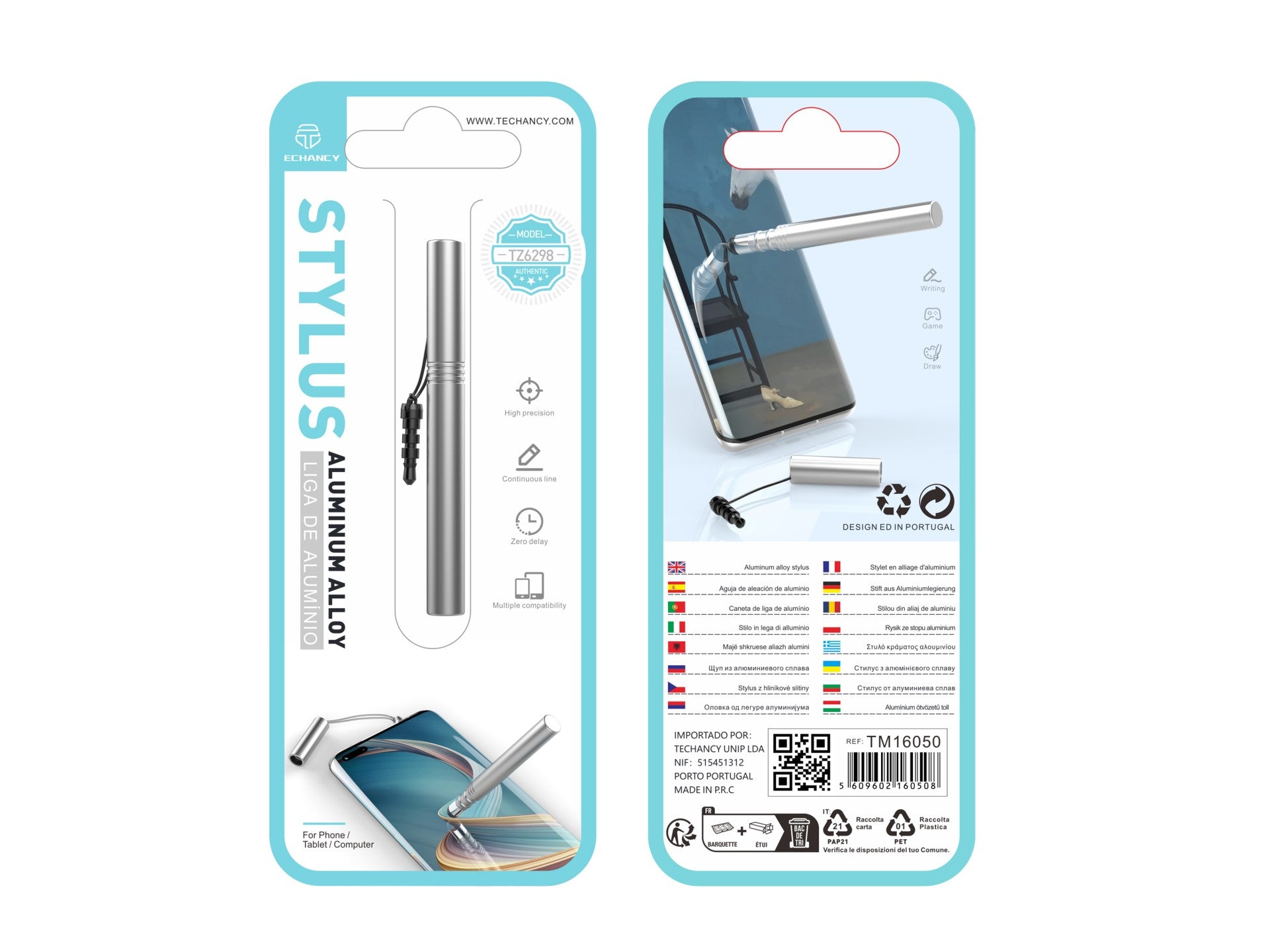 Techancy Mini Stylus Silver TZ6297, sensibilidad precisa para teléfonos celulares y tabletas, con conector para auriculares para fácil almacenamiento.