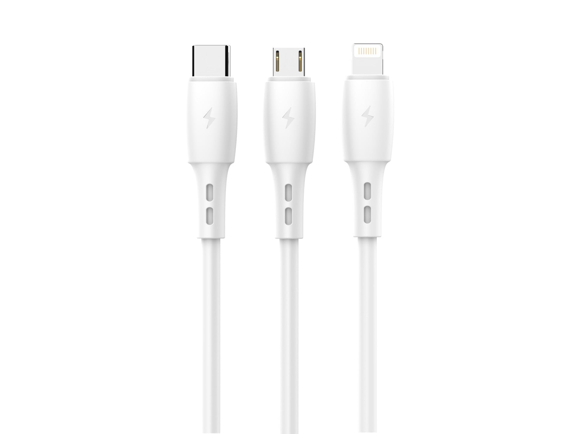 Cable 3 en 1 Techancy TB1742, 2,4 A, 1 m, blanco, USB-C/Micro/Lightning, compatible con varios dispositivos, diseño resistente